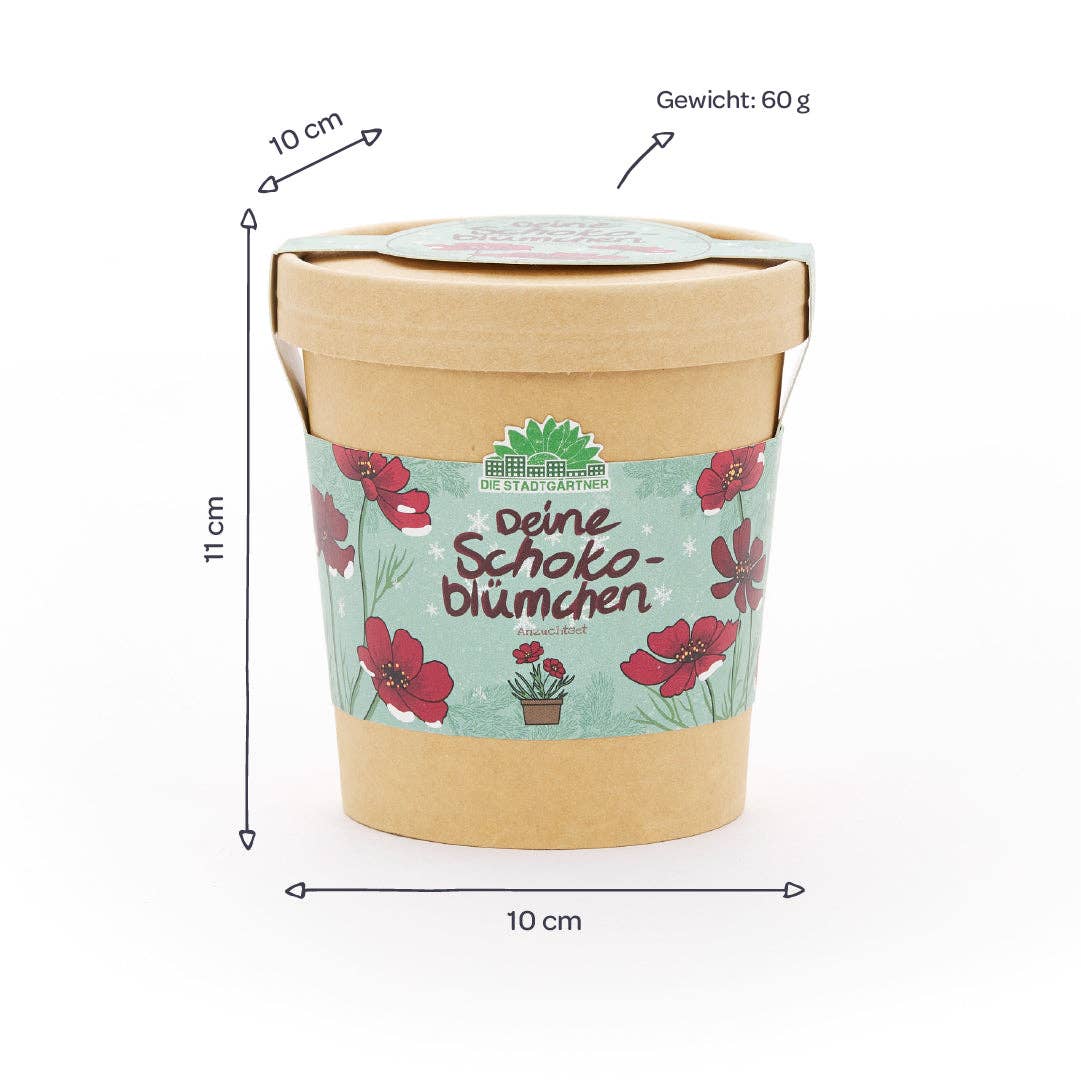 Ein brauner Papierbehälter der TDJ Stadtgärtner GmbH mit der Aufschrift „Deine Schokoblümchen“ ist 11 cm hoch, hat einen Durchmesser von 10 cm und wiegt 60 g. Das blumige Etikett ist mit roten Blumen und grünen Akzenten verziert. Dieses Anzuchtset | Schokoblumen aus dem Becher eignet sich perfekt als Geschenkidee für Pflanzenliebhaber oder als Starter-Set, um eigene schokoladenduftende Blumen zu züchten.