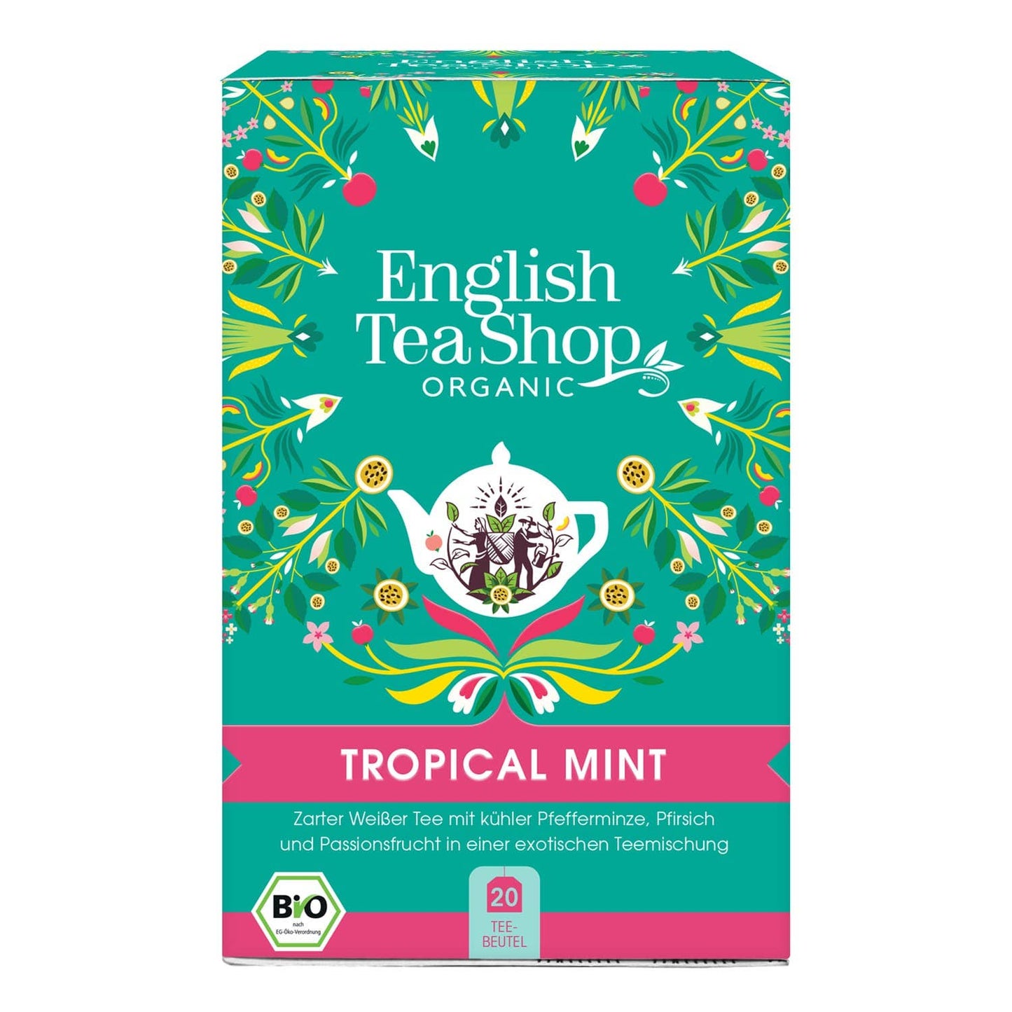 Eine leuchtend grüne und rosa Schachtel English Tea Shop | Tropical Mint, BIO, 20 Teebeutel von Royal Nature GmbH & Co. KG - English Tea Shop Deutschland. Mit Weißtee, Pfefferminze, Pfirsich, Passionsfrucht und Zitronengras in Blumen- und Blattdesign.
