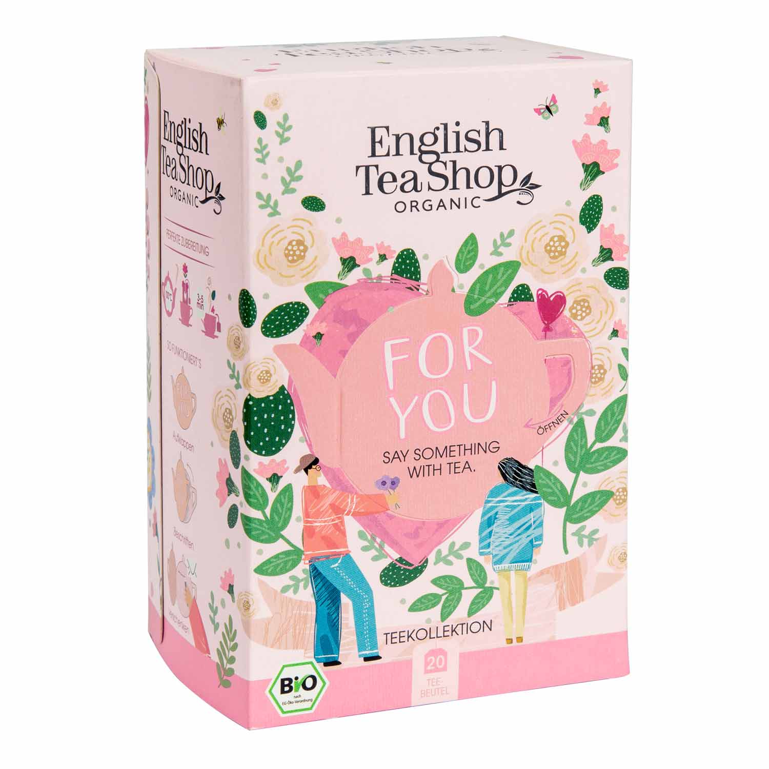 Die English Tea Shop "For You" Bio-Tee Box enthält 20 Teebeutel in 5 Sorten, verpackt in einer rosa-weißen Geschenkbox mit floralem Design - ideal als personalisierbares Tee Geschenk.