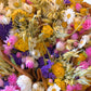 Eine Nahaufnahme von „Wildflowers by Floriette“ | Trockenblumenstrauß „Dutch“, ca. 50 cm, mit gelben, rosa, violetten und weißen Trockenblumen, kunstvoll kombiniert mit beigen Gräsern und in braunes Papier eingewickelt – ein wunderschönes Arrangement von „Wildflowers by Floriette“, das natürliche Eleganz verkörpert.