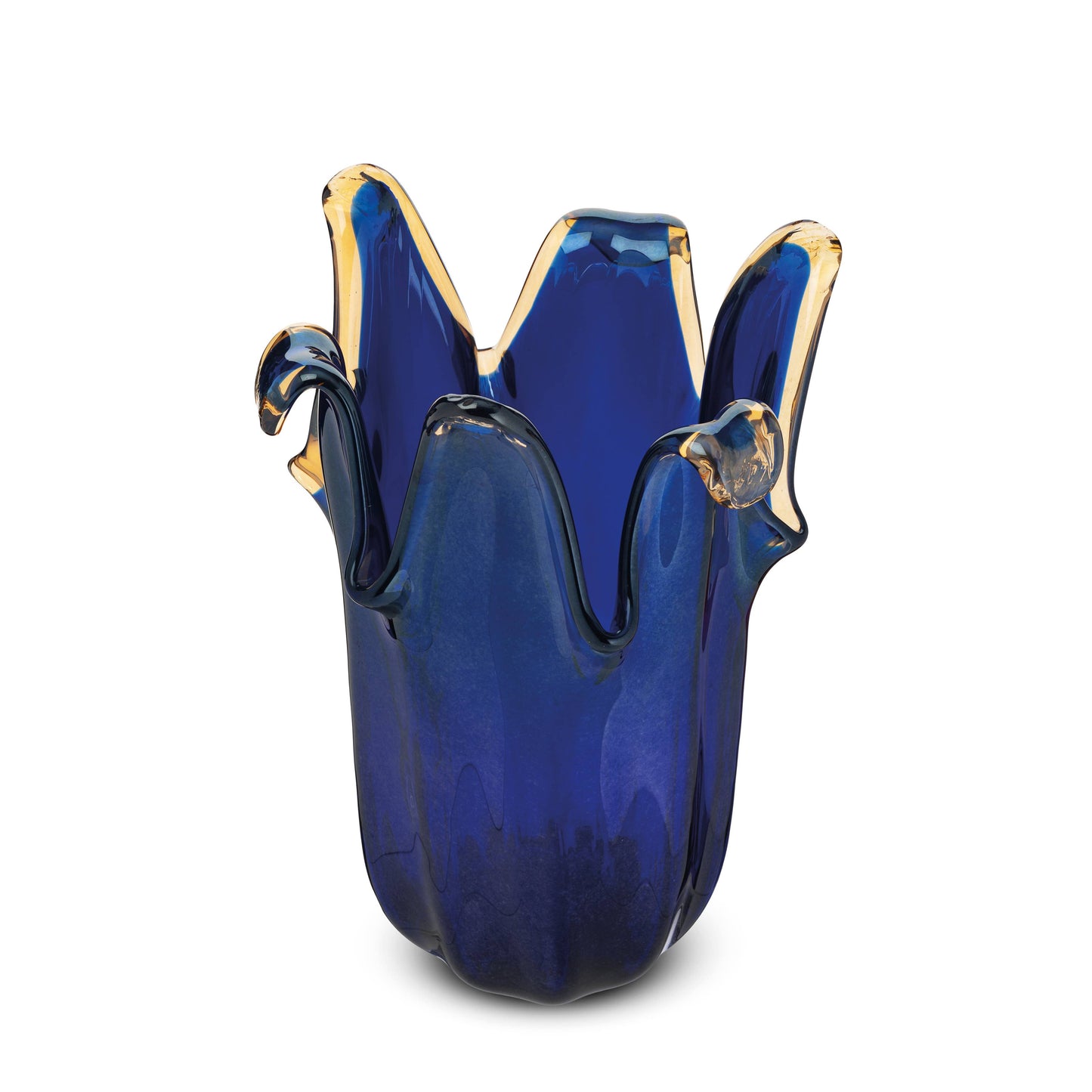 Die Murano Dream „Giusy“-Vase, eine mittelgroße Vase aus blauem Murano-Glas (H 24, Ø 19 cm) mit wellenförmigem Rand und bernsteinfarbenen Kanten, erinnert an eine blühende Blume – ein Meisterwerk der italienischen Glaskunst.