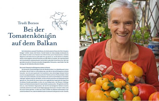 Eine ältere Frau mit grauen Haaren in einem roten Hemd lächelt und hält einen Korb mit bunten Tomaten in der Hand. Links steht ein deutscher Text über Trudi Borsos mit dem Titel "Tomatenlust | Die Geheimnisse der Tomatenpioniere" vom Haupt Verlag.