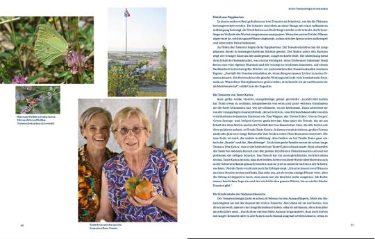 Eine Doppelseite aus "Tomatenlust | Die Geheimnisse der Tomatenpioniere" vom Haupt Verlag zeigt Fotos - einen Schmetterling auf einer Blume, einen Fahnenmast über einer Landschaft, zwei lächelnde ältere Frauen mit einem Kürbis - und deutsche Texte über Tomatenpflege und -sorten.