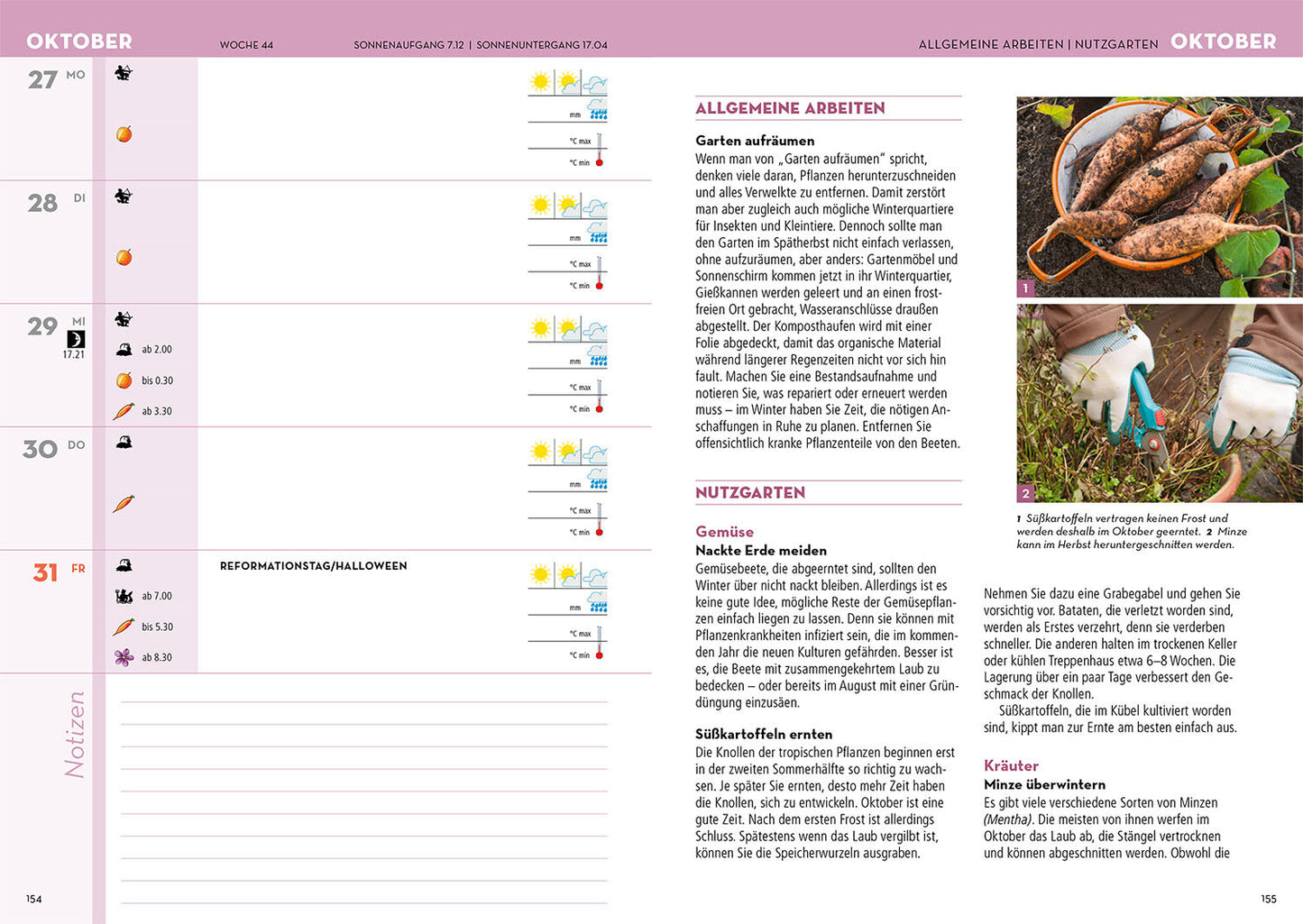 Der Wochenplaner für Ende Oktober aus dem Kosmos Verlag "Kosmos | Gartenjahr 2026" bietet Gartentipps, Wettersymbole, Urlaubshinweise und Fotos von Möhrenernte und Zwiebelpflanzung sowie fachkundige Garten- und Kräutertipps.