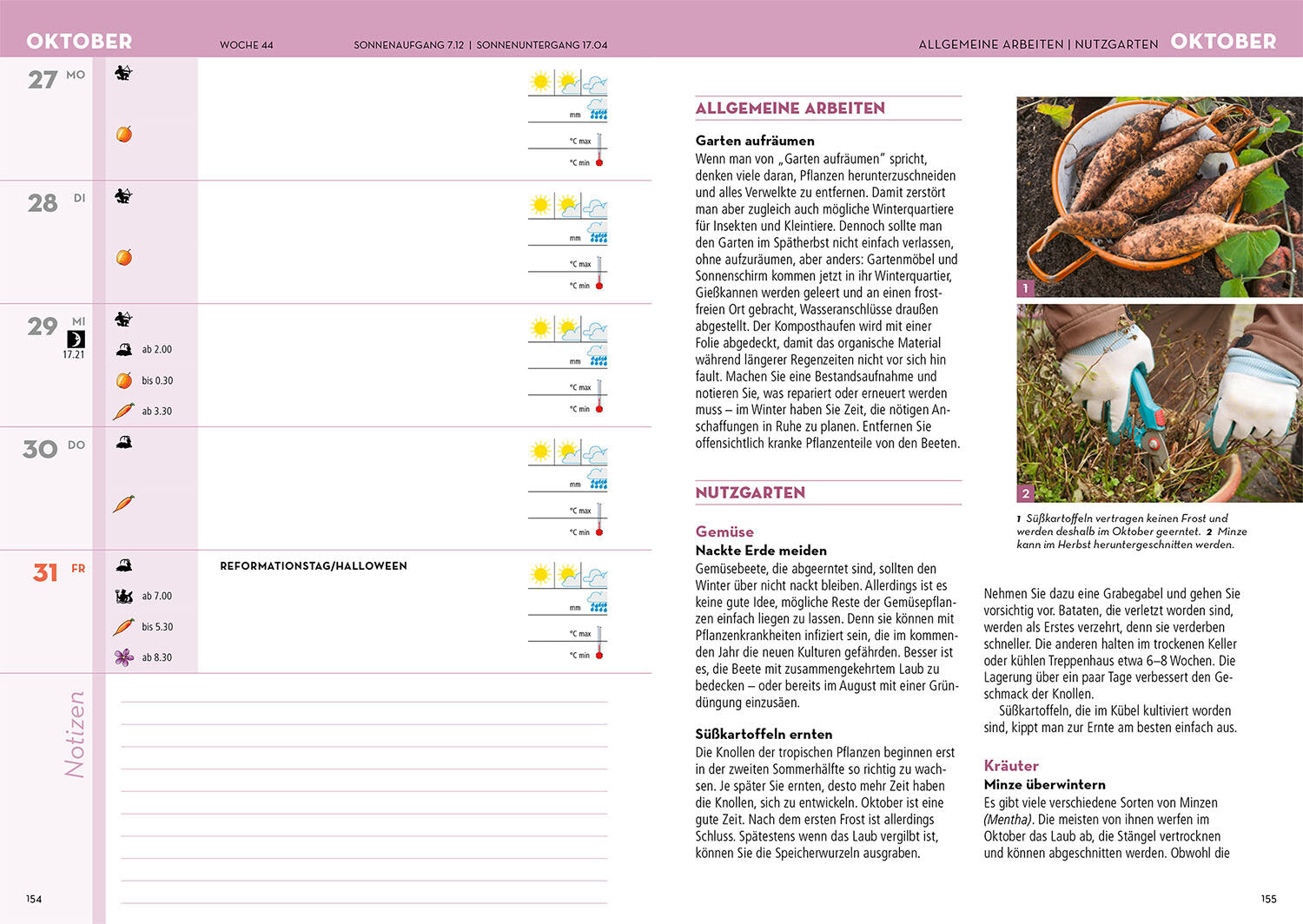 Der Wochenplaner für Ende Oktober aus dem Kosmos Verlag "Kosmos | Gartenjahr 2026" bietet Gartentipps, Wettersymbole, Urlaubshinweise und Fotos von Möhrenernte und Zwiebelpflanzung sowie fachkundige Garten- und Kräutertipps.
