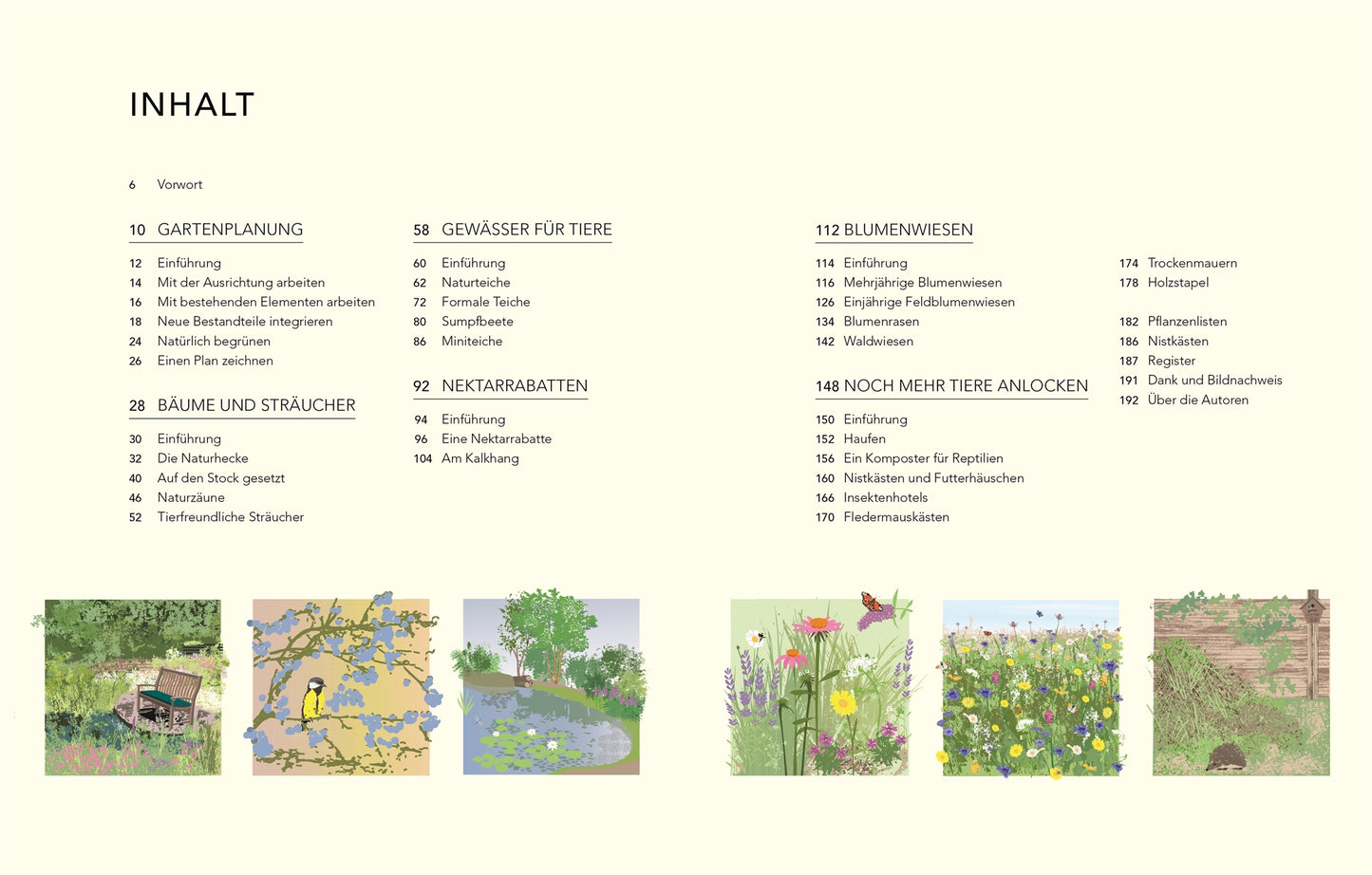 Inhaltsverzeichnis für "Wildnis im Garten | Natürlich schön statt künstlich angelegt!" vom DK Verlag, gegliedert nach Abschnitten mit Seitenzahlen und illustriert mit Zeichnungen von Gärten, Bäumen, einem Teich, Blumenbeeten und einer Naturgarten-Steinmauer.