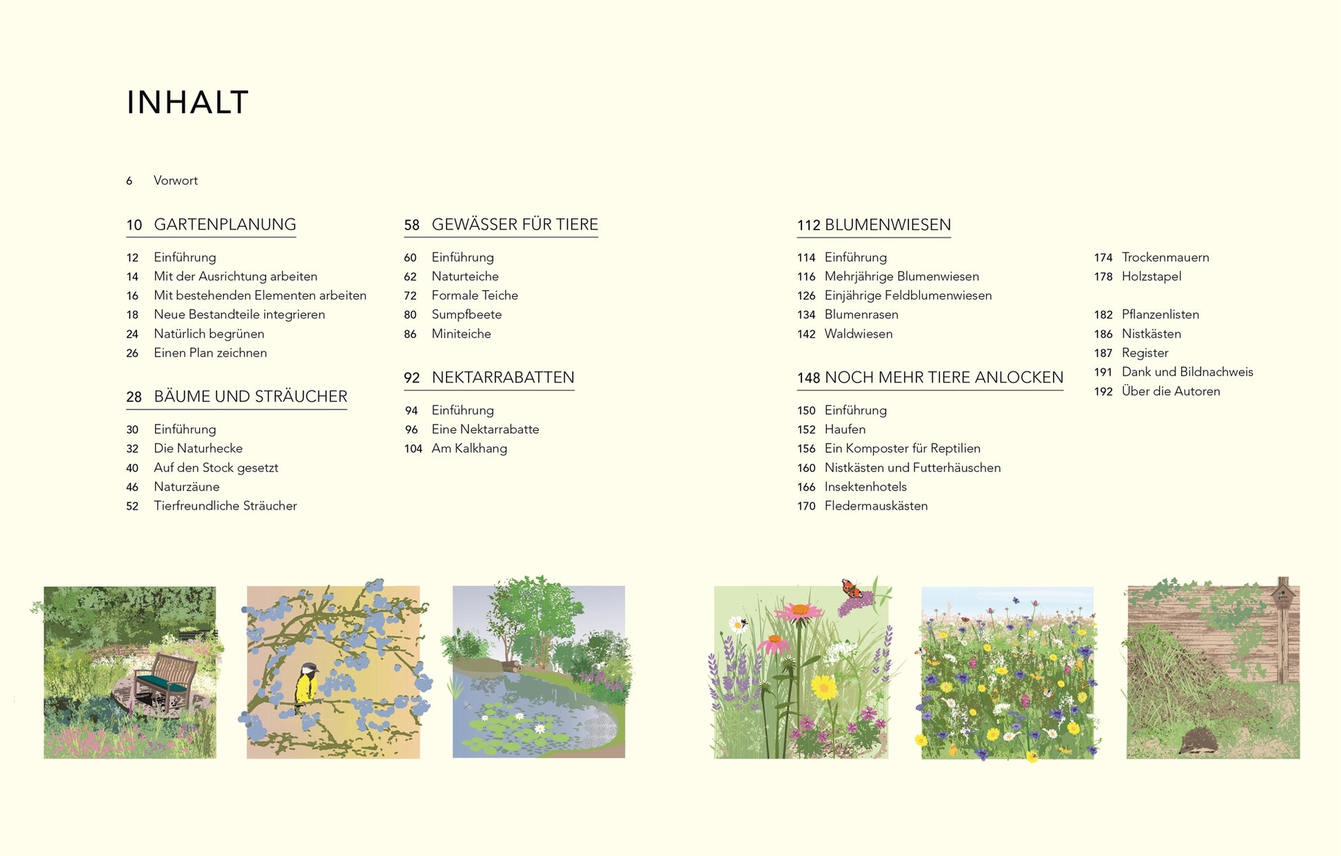 Inhaltsverzeichnis für "Wildnis im Garten | Natürlich schön statt künstlich angelegt!" vom DK Verlag, gegliedert nach Abschnitten mit Seitenzahlen und illustriert mit Zeichnungen von Gärten, Bäumen, einem Teich, Blumenbeeten und einer Naturgarten-Steinmauer.