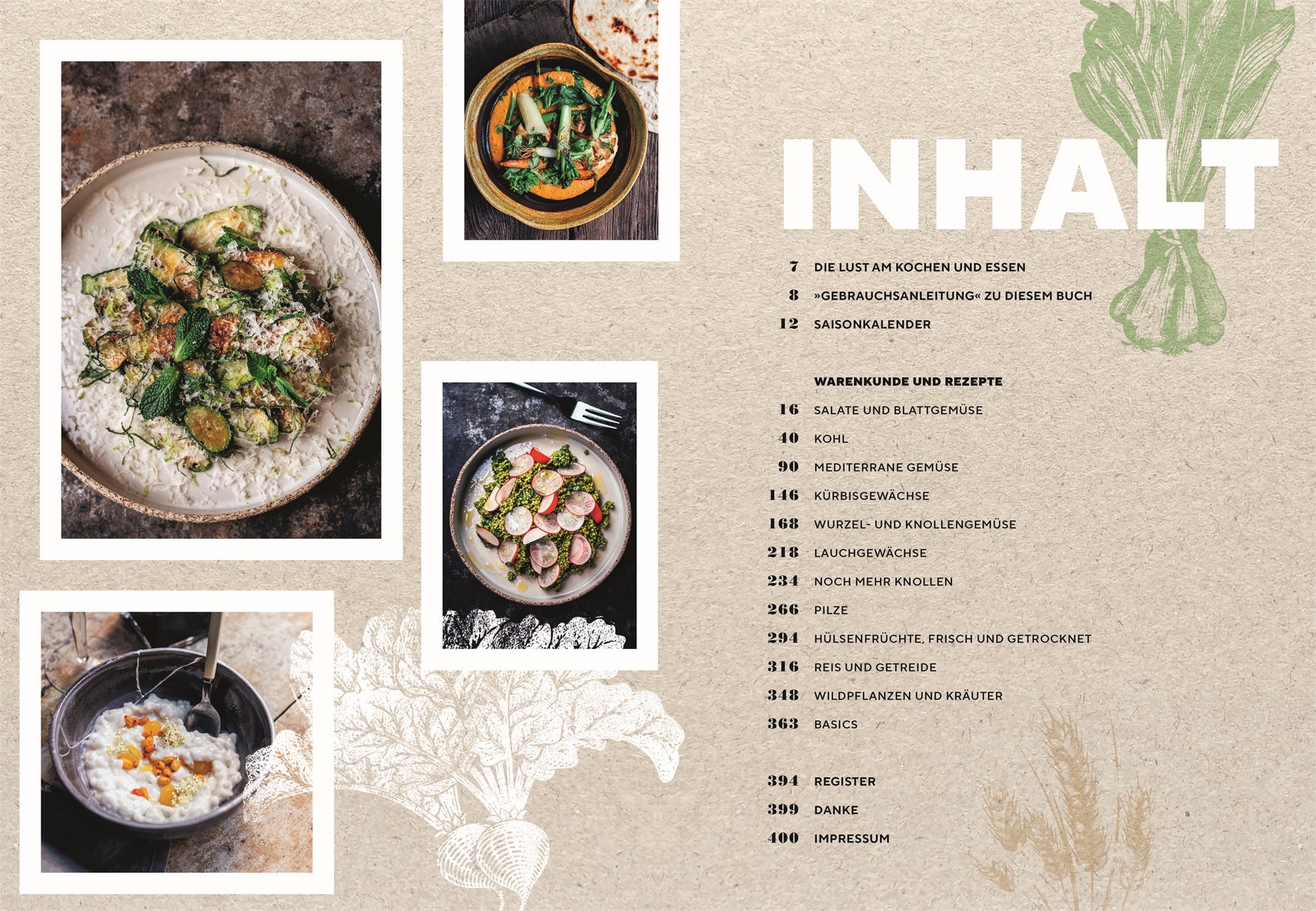 Das Inhaltsverzeichnis von "Vegetarisch | Meisterwerk der vegetarischen Küche" aus dem DK Verlag zeigt Fotos von Lebensmitteln - Zucchini-Reis, grüner Salat und Fruchtjoghurt - sowie Kapitel und Rezepte aus den 300 Rezepten von Paul Ivić, mit "INHALT" in fetter weißer Schrift.