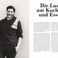 Vor einer weißen Wand steht ein lächelnder, dunkelhaariger Mann mit Bart, der ein dunkles Hemd und ein kariertes Handtuch trägt; der deutsche Text "Die Lust am Kochen und Essen" hebt das Buch Vegetarisch | Meisterwerk der vegetarischen Küche des DK Verlags hervor.