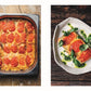Links: Eine goldbraune Lasagne mit gebackenen Tomatenscheiben aus "Vegetarisch | Meisterwerk der vegetarischen Küche" des DK Verlags. Rechts: Eine Portion Lasagne mit Basilikum und grüner Soße auf einem rustikalen dunklen Holztisch.