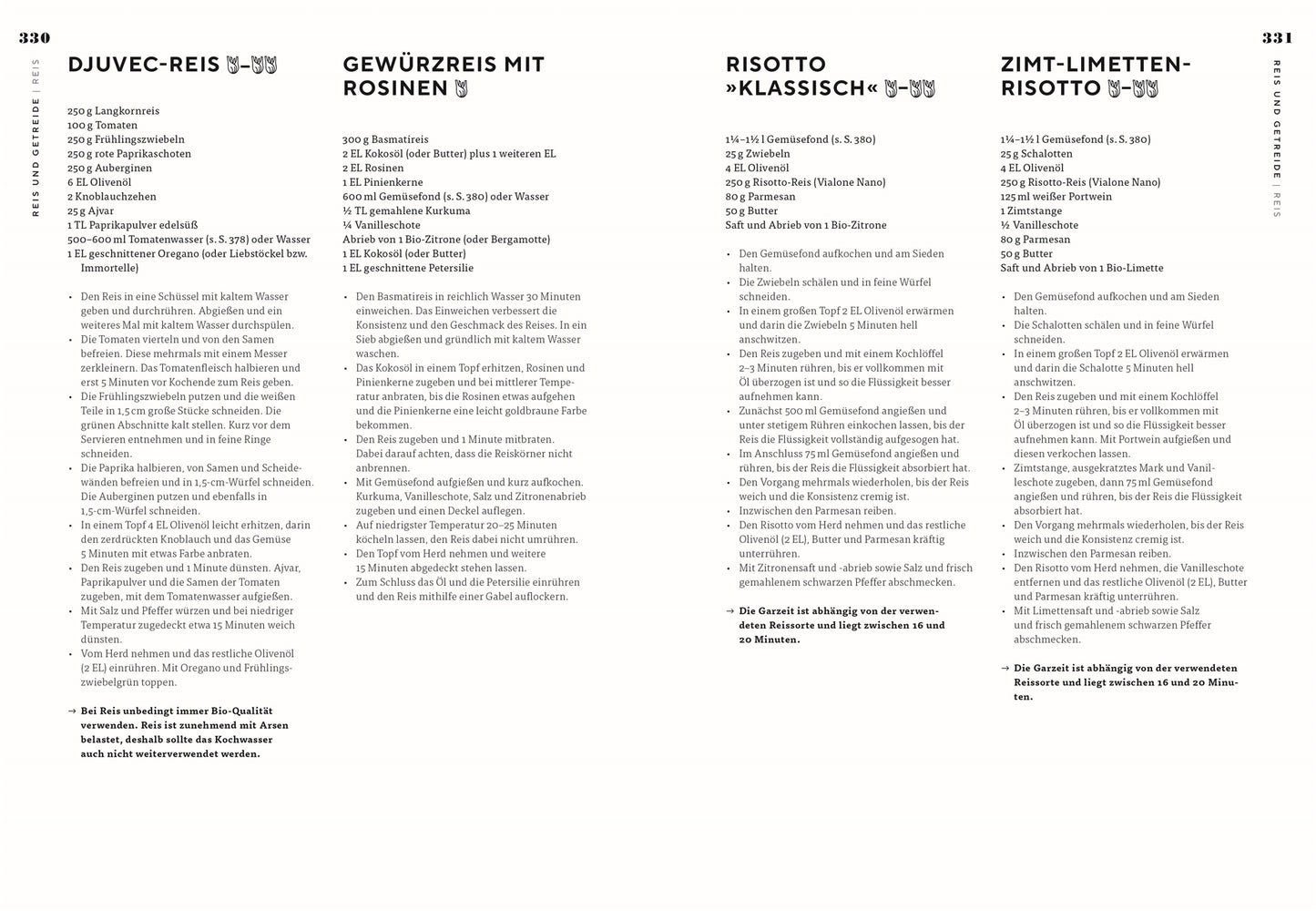 Eine Kochbuchseite aus "Vegetarisch | Meisterwerk der vegetarischen Küche" vom DK Verlag zeigt vier Rezepte - Juvec-Reis, Gewürzreis mit Rosinen, klassisches Risotto und Zimt-Limetten-Risotto - mit Zutaten und Anleitungen auf Deutsch in zwei Spalten.
