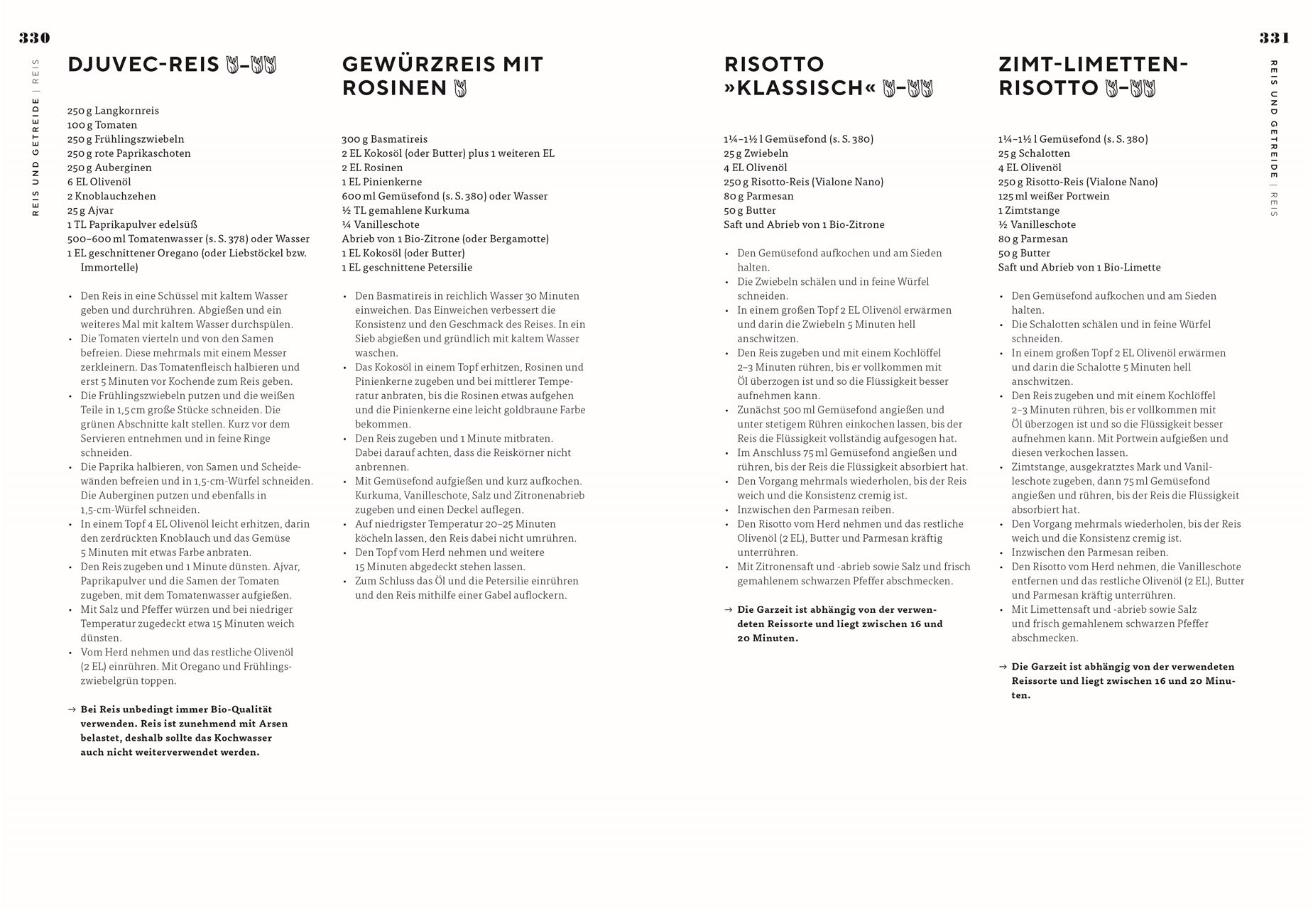 Eine Kochbuchseite aus "Vegetarisch | Meisterwerk der vegetarischen Küche" vom DK Verlag zeigt vier Rezepte - Juvec-Reis, Gewürzreis mit Rosinen, klassisches Risotto und Zimt-Limetten-Risotto - mit Zutaten und Anleitungen auf Deutsch in zwei Spalten.