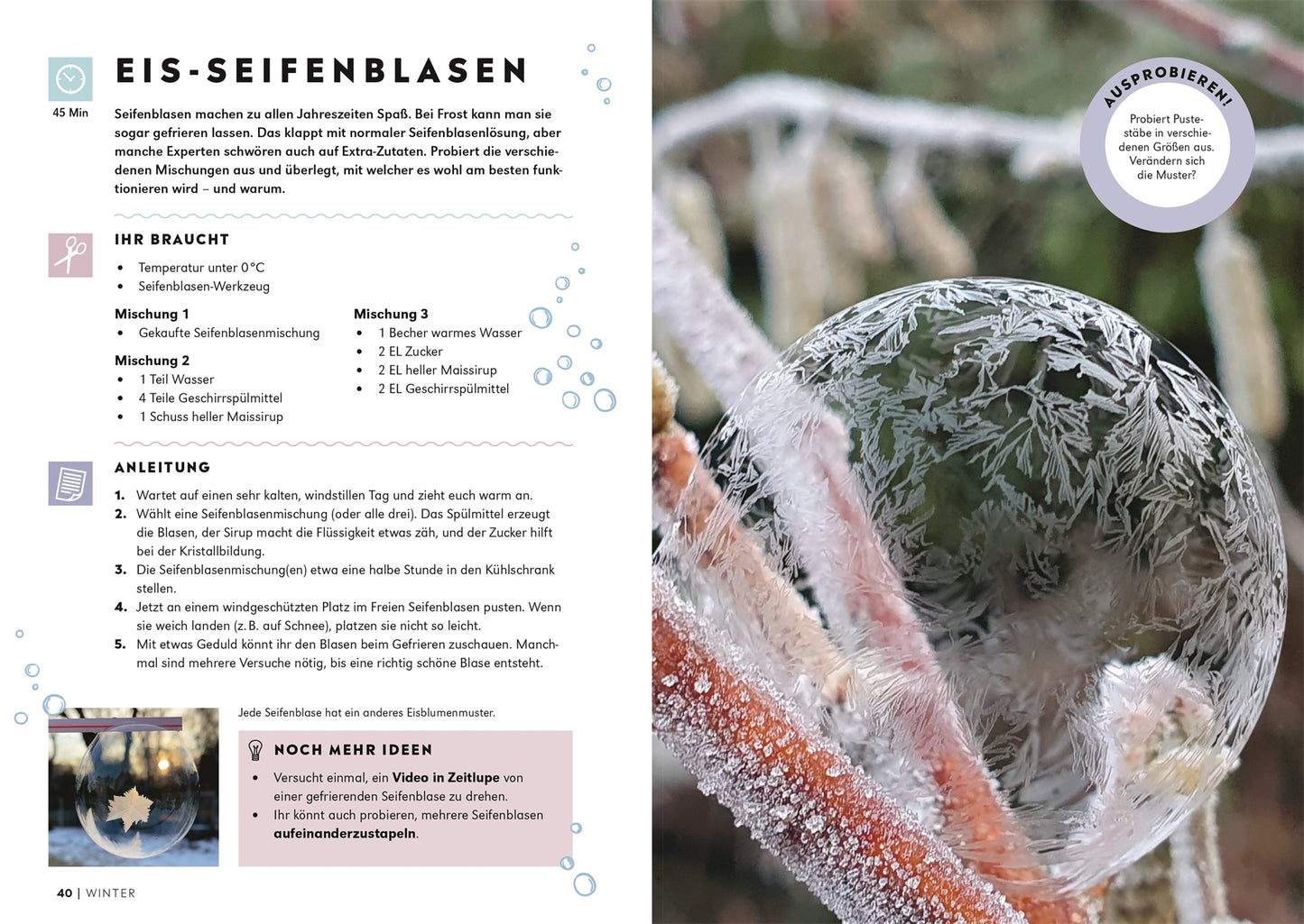 Eine gefrorene Seifenblase mit detaillierten Eiskristallmustern auf frostigem Gras. Links zeigt ein deutsches Rezept aus "1000 Stunden draussen" des DK Verlags, wie man Eis-Seifenblasen macht - ideal für gemeinsame Naturerlebnisse.