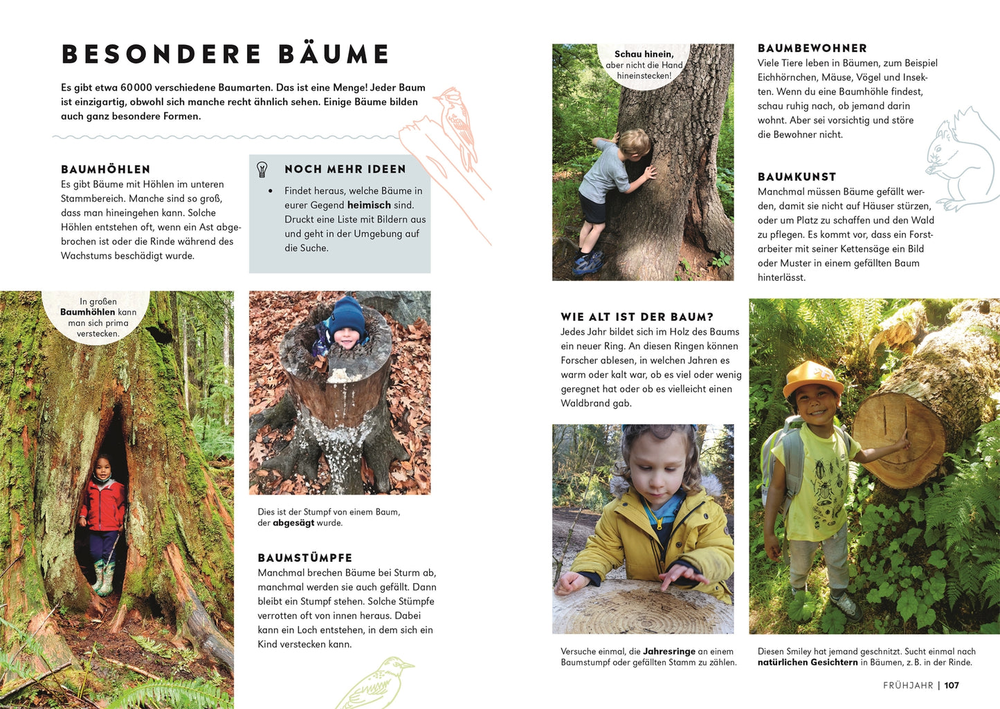 Eine deutsche Magazinseite aus "1000 Stunden draussen" des DK Verlags zeigt Kinder, die den Wald erkunden, auf Wurzeln klettern und Blätter halten. Der Text hebt einzigartige Bäume und Lebensräume hervor und inspiriert Kinder zu Natur erleben und Outdoor-Aktivitäten.