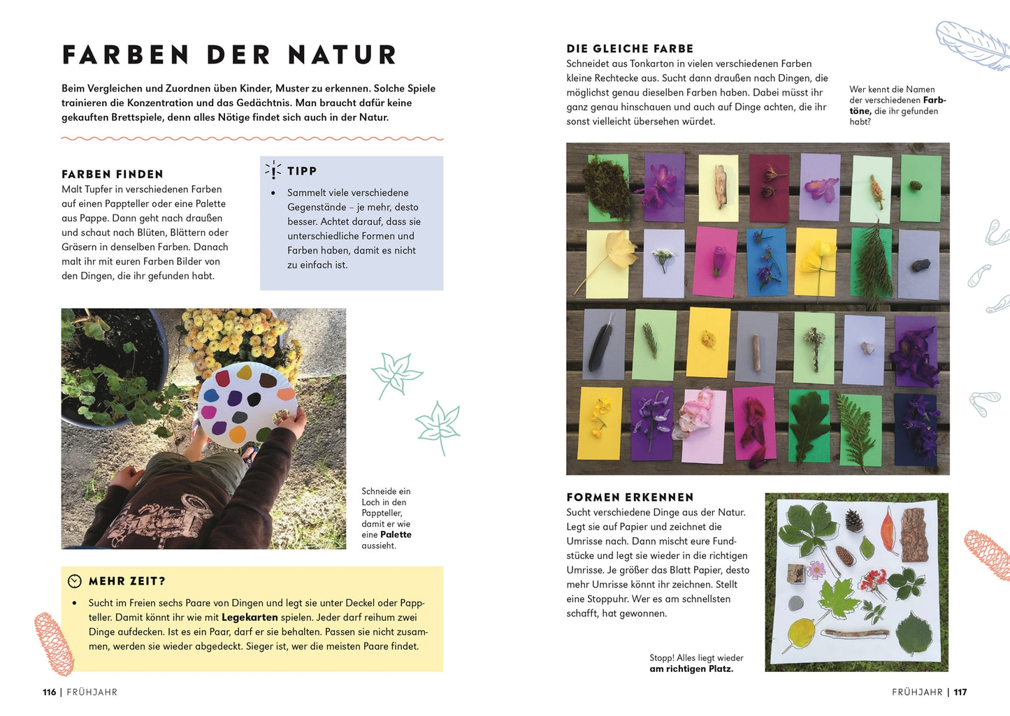 Der "1000 Stunden draussen" vom DK Verlag ist ein zweiseitiger Ratgeber für Kinder mit Text, bunten Kärtchen mit passenden Blumen und Blättern sowie niedlichen Blatt- und Blumenkritzeleien - ideal für Outdoor-Aktivitäten Kinder.
