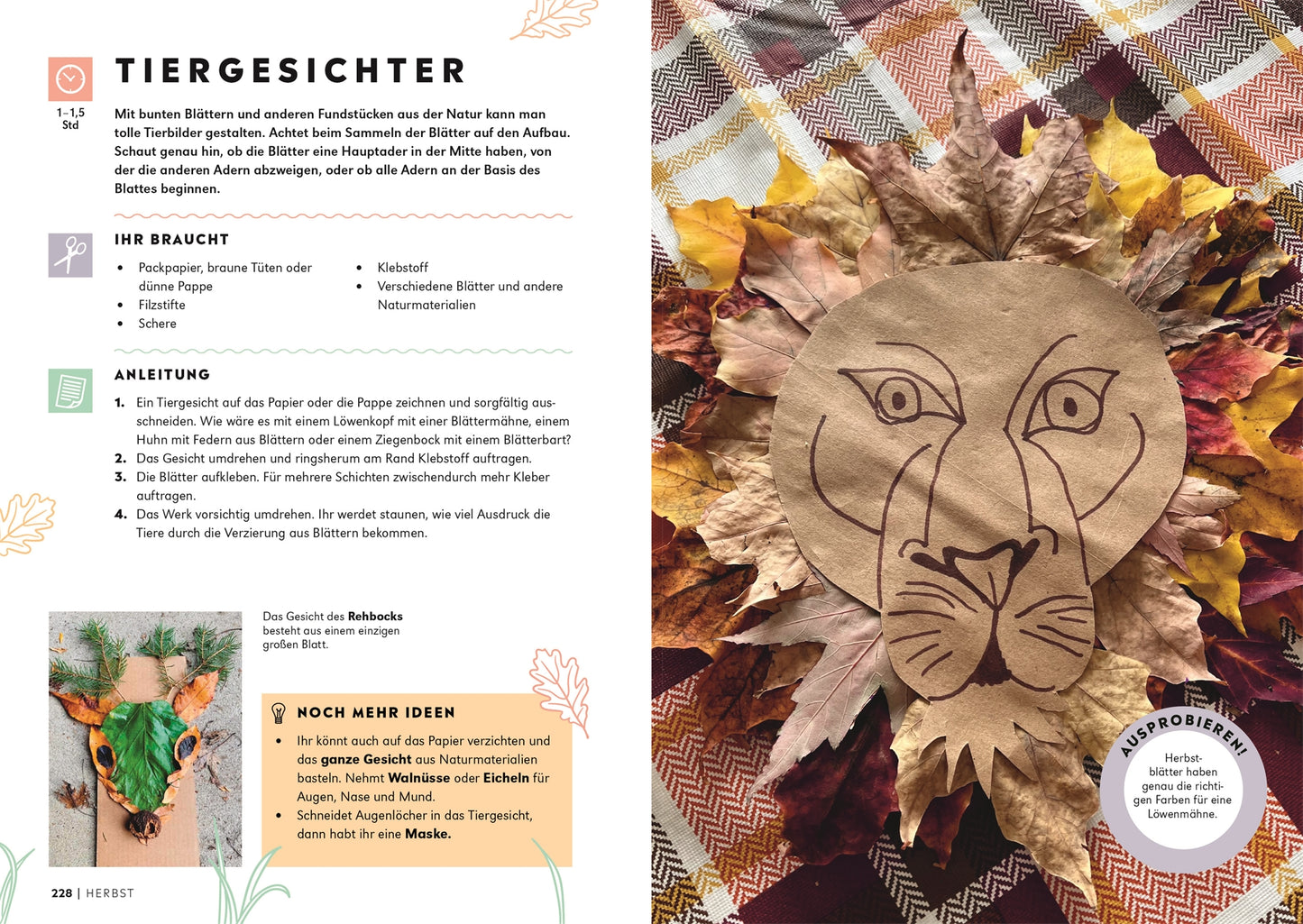 Eine Bastelseite aus "1000 Stunden draussen" vom DK Verlag zeigt ein Löwengesicht, das mit Herbstblättern auf braunes Papier gezeichnet wurde. Sie bietet deutsche Anleitungen, Materialien und Ideen für Outdoor-Aktivitäten für Kinder, sowie Fotos von Tiermasken mit Blättern.
