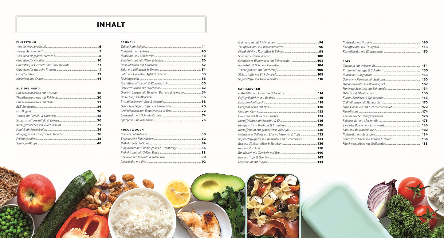Das Inhaltsverzeichnis der Super-Lunchbox aus dem DK Verlag listet Kapitel und Seitenzahlen auf, darunter sind Lebensmittel wie Reis, Gemüse und Obst abgebildet. Der Titel "INHALT" steht oben - ideal für Lunchbox-Ideen und eine gesunde Mittagspause.