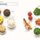 Auf einem weißen Hintergrund sind Zutaten für eine gesunde Mittagspause wie Nudeln, Reis, Linsen und mehr arrangiert - inspiriert von "Super-Lunchbox" mit 80 Meal-Prep-Rezepten von DK Verlag, alle auf Deutsch beschriftet.