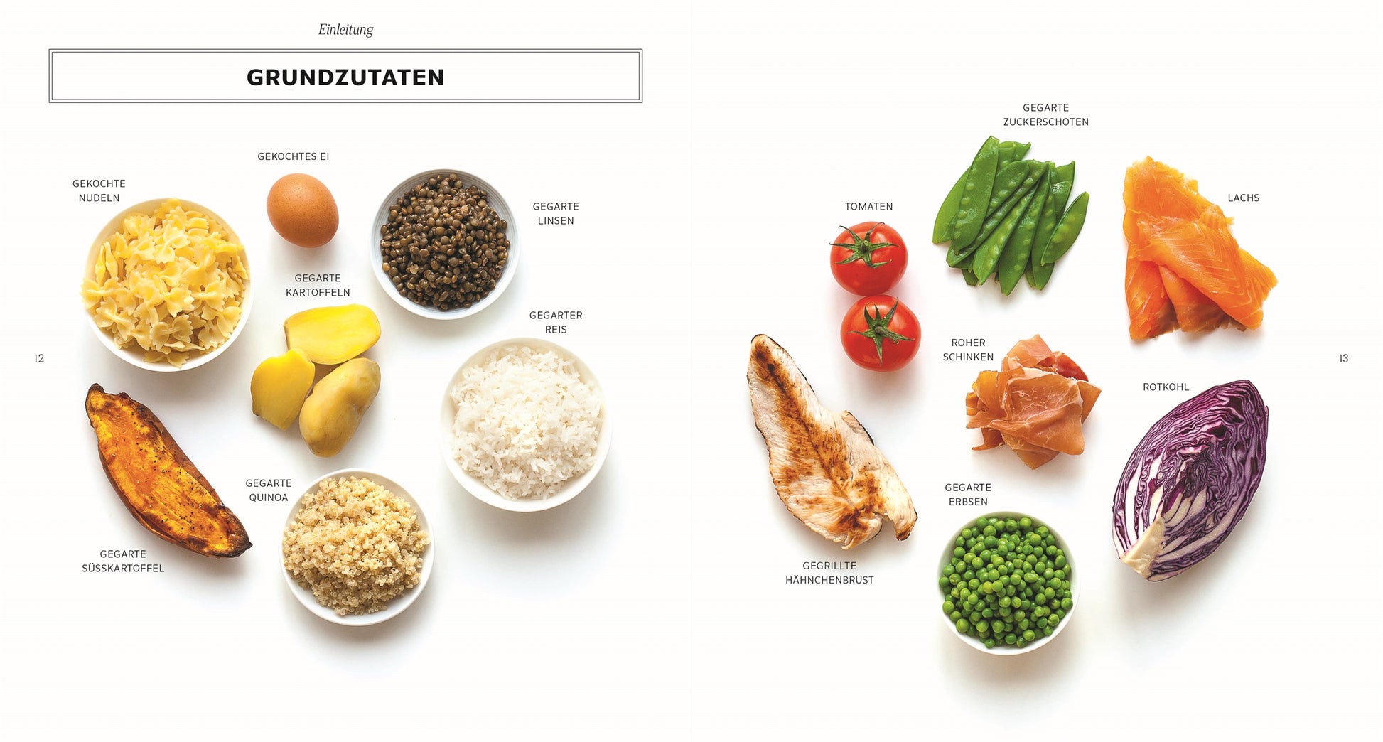 Auf einem weißen Hintergrund sind Zutaten für eine gesunde Mittagspause wie Nudeln, Reis, Linsen und mehr arrangiert - inspiriert von "Super-Lunchbox" mit 80 Meal-Prep-Rezepten von DK Verlag, alle auf Deutsch beschriftet.