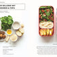 Draufsicht auf die Zutaten für ein Gericht aus Selleriewurzeln, Linsen, Kastanien und Tofu aus "Super-Lunchbox | Über 80 abwechslungsreiche Meal-Prep-Rezepte für Genießer" vom DK Verlag. Abgebildet ist die fertige Mahlzeit in Lunchboxen mit Apfelspalten und Joghurtdip; Rezept inklusive.