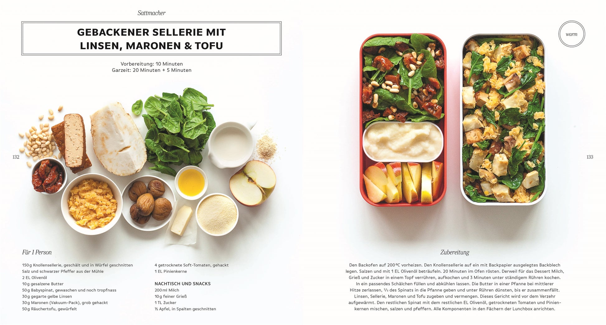 Draufsicht auf die Zutaten für ein Gericht aus Selleriewurzeln, Linsen, Kastanien und Tofu aus "Super-Lunchbox | Über 80 abwechslungsreiche Meal-Prep-Rezepte für Genießer" vom DK Verlag. Abgebildet ist die fertige Mahlzeit in Lunchboxen mit Apfelspalten und Joghurtdip; Rezept inklusive.