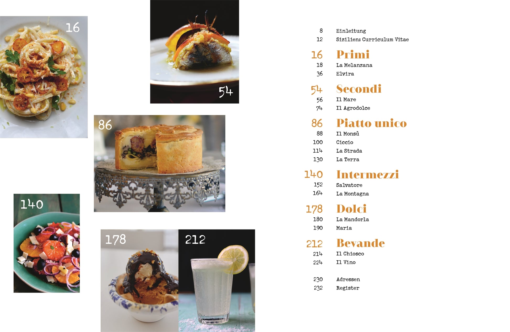 Inspiriert von "Sizilien in meiner Küche" aus dem DK Verlag, bietet diese Menüseite Fotos von Lebensmitteln, Nummern von Gerichten und ein Inhaltsverzeichnis - Primi, Secondi, Dolci und mehr - mit Bildern von Pasta, Fleisch, Salat, Gebäck und Getränken.