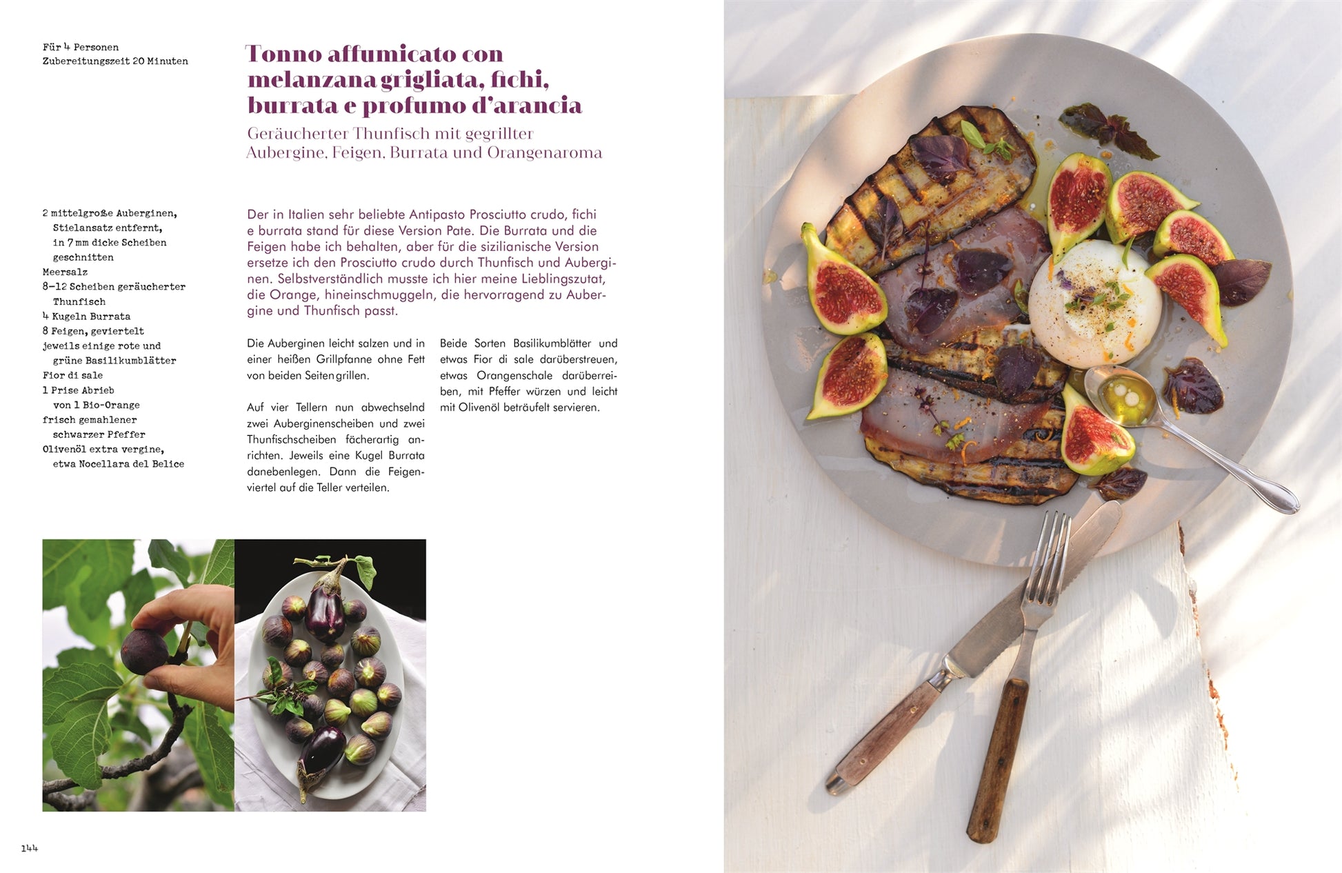 Ein von der sizilianischen Küche inspirierter Teller mit gegrillten Auberginen, Feigen, Burrata, Orangenschalen und Kräutern auf weißem Leinen. Inset: eine Hand greift nach Feigen - eine Szene aus "Sizilien in meiner Küche | Eine kulinarische Rundreise" vom DK Verlag.
