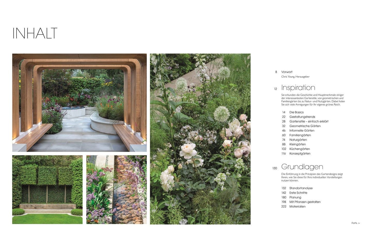 Auf der Inhaltsseite von "Gartendesign | Die große Enzyklopädie" aus dem DK Verlag finden Sie neben vier Fotos mit Gartenthemen - Blumen, Holzbögen, ein Kieselweg und eine Gartenmauer - auch eine Auflistung von Abschnitten, die Sie bei der nächsten Gartengestaltung inspirieren.
