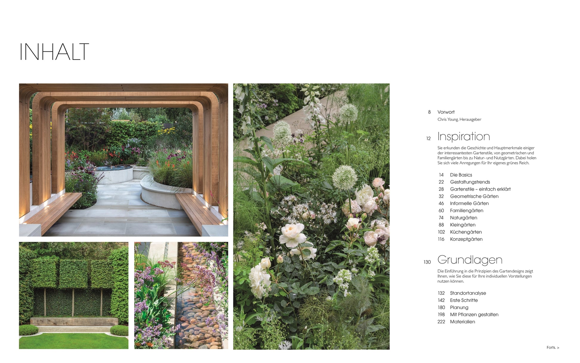 Auf der Inhaltsseite von "Gartendesign | Die große Enzyklopädie" aus dem DK Verlag finden Sie neben vier Fotos mit Gartenthemen - Blumen, Holzbögen, ein Kieselweg und eine Gartenmauer - auch eine Auflistung von Abschnitten, die Sie bei der nächsten Gartengestaltung inspirieren.