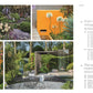 Eine Collage aus Gartendesign | Die große Enzyklopädie des DK Verlags zeigt begrünte Wege, eine leuchtend orangefarbene Wand mit weißen Blumen, eine üppige Terrasse, moderne Möbel und einen gelb blühenden Baum neben einem kleinen Haus; das Inhaltsverzeichnis befindet sich auf der rechten Seite.