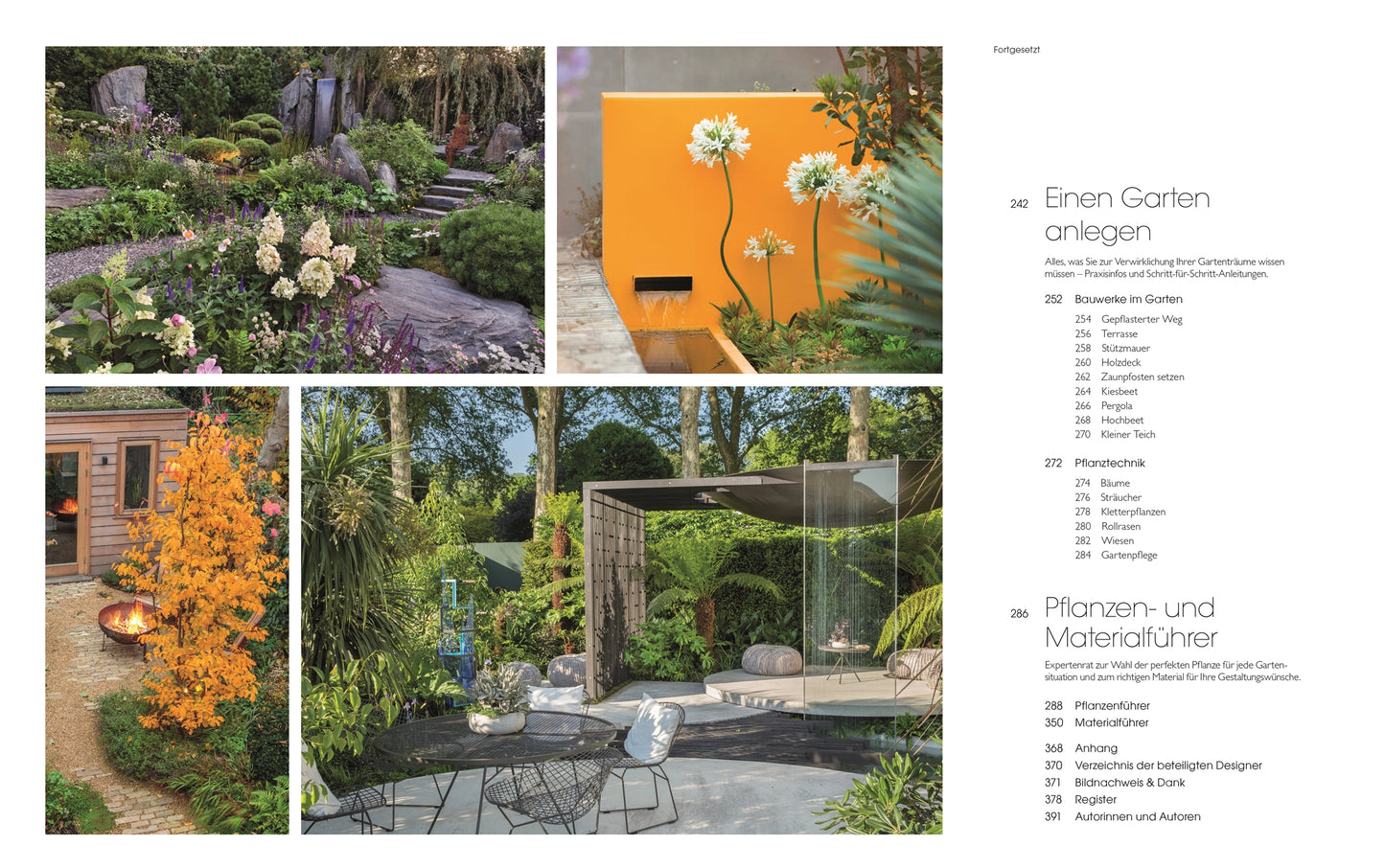 Eine Collage aus Gartendesign | Die große Enzyklopädie des DK Verlags zeigt begrünte Wege, eine leuchtend orangefarbene Wand mit weißen Blumen, eine üppige Terrasse, moderne Möbel und einen gelb blühenden Baum neben einem kleinen Haus; das Inhaltsverzeichnis befindet sich auf der rechten Seite.