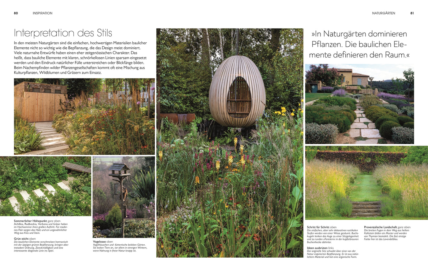 Eine Doppelseite zeigt inspirierendes Gartendesign aus "Gartendesign | Die große Enzyklopädie" des DK Verlags mit einer Gartenhütte aus Holz, üppigem Grün, blühenden Pflanzen, Steinstufen und deutschen Gartengestaltungstipps und Bildunterschriften.