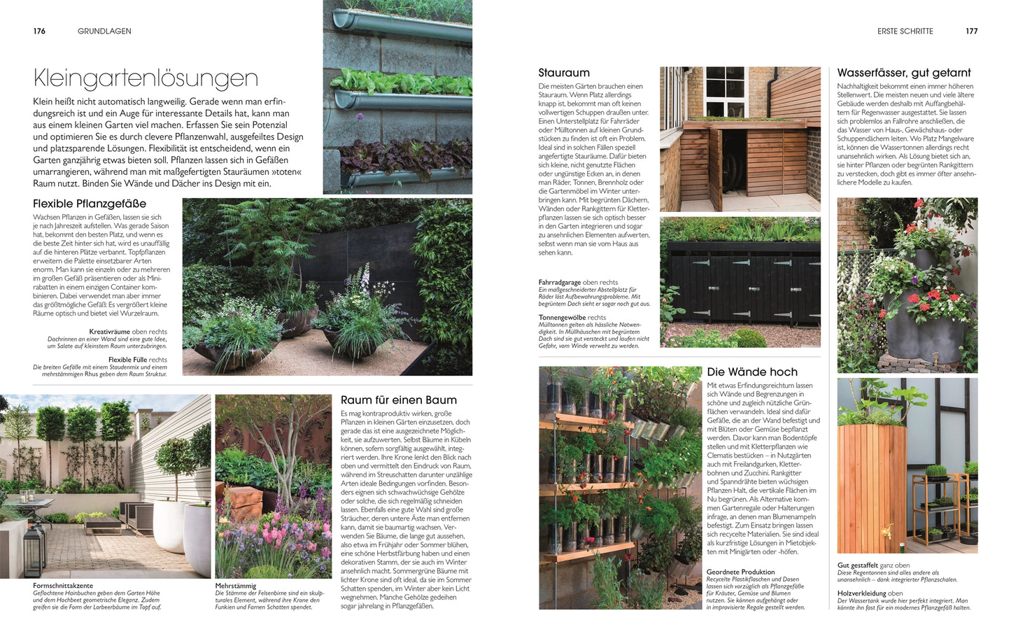 Auf einer Doppelseite werden Fotos und Tipps aus "Gartendesign | Die große Enzyklopädie" des DK Verlags gezeigt, in denen vertikale Gärten, Hochbeete und üppige Bepflanzungen für kompakte städtische Räume mit innovativen deutschen Gartengestaltungsideen vorgestellt werden.