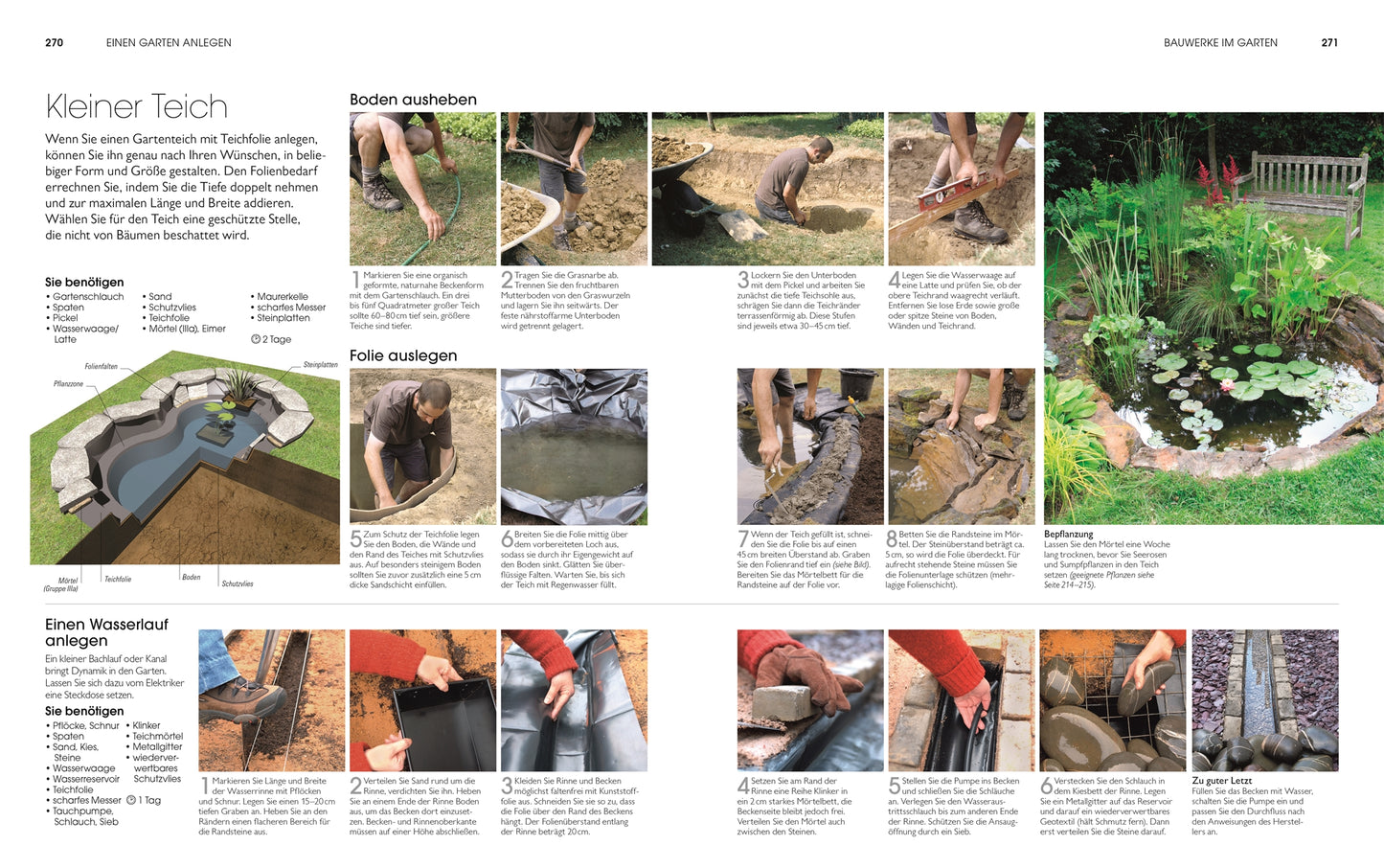 Mit dem DK Verlag Buch "Gartendesign | Die große Enzyklopädie" findest du einen deutschen Fotoguide zum Bau eines kleinen Gartenteichs - von der Aushebung über Folien-Einbau bis zum Wasserfall mit Steinen und Pflanzen.
