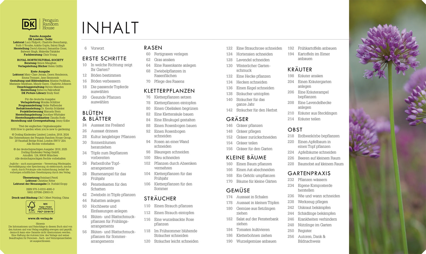 Inhaltsverzeichnis auf Deutsch für "So geht Garten | Die Basics für Einsteiger" von DK Verlag: Themen wie Erste Schritte, Blüten & Blätter, Sträucher sowie Nutz- und Ziergarten, mit dekorativem Foto lila Blumen - perfekt fürs Gartenbuch.