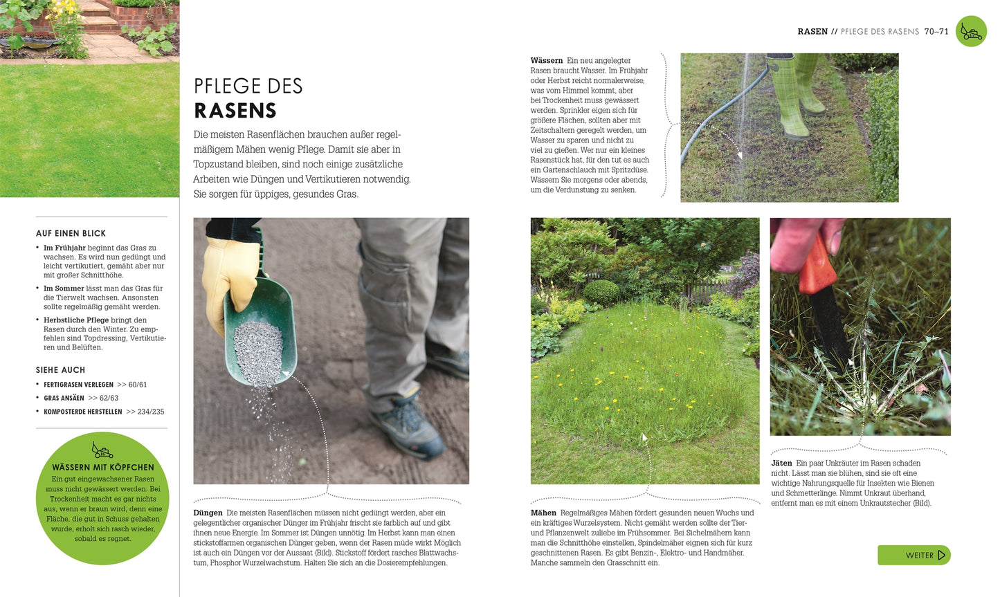 So geht Garten | Die Basics für Einsteiger von DK Verlag zeigt in Bildern und deutschem Text grundlegende Rasenpflege für Nutz- und Ziergärten: Dünger ausstreuen, Gießen, grüner Rasen von oben und präzises Schneiden mit Schere.