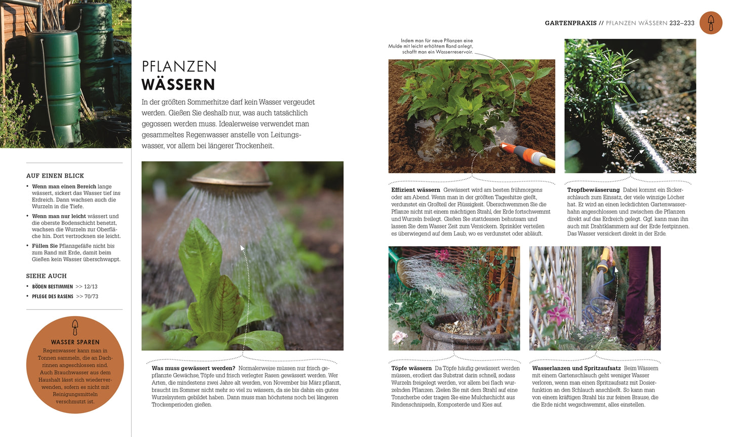 Eine deutsche Gartenbuch-Seite aus "So geht Garten | Die Basics für Einsteiger" (DK Verlag): Mit Fotos von Wasserfass, Gießkanne, Blättern und Schlauch - ideal für Nutz- und Ziergarten.