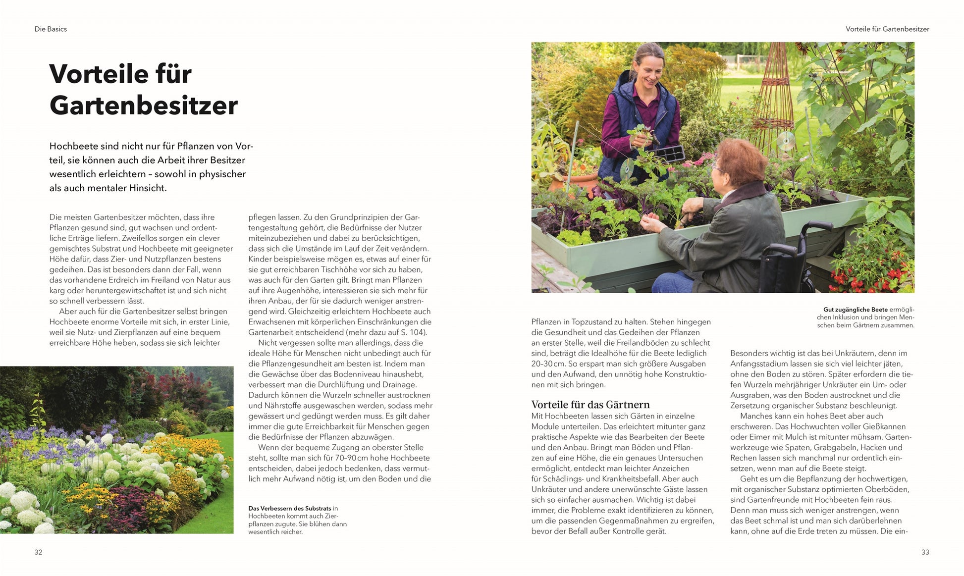 Eine Frau im Rollstuhl und eine andere Frau gärtnern gemeinsam auf einem üppigen Hochbeet im Freien und geben Tipps aus dem DK Verlag "Alles im Hochbeet | Umfassendes Praxiswissen" zu den Vorteilen von barrierefreien Hochbeeten.