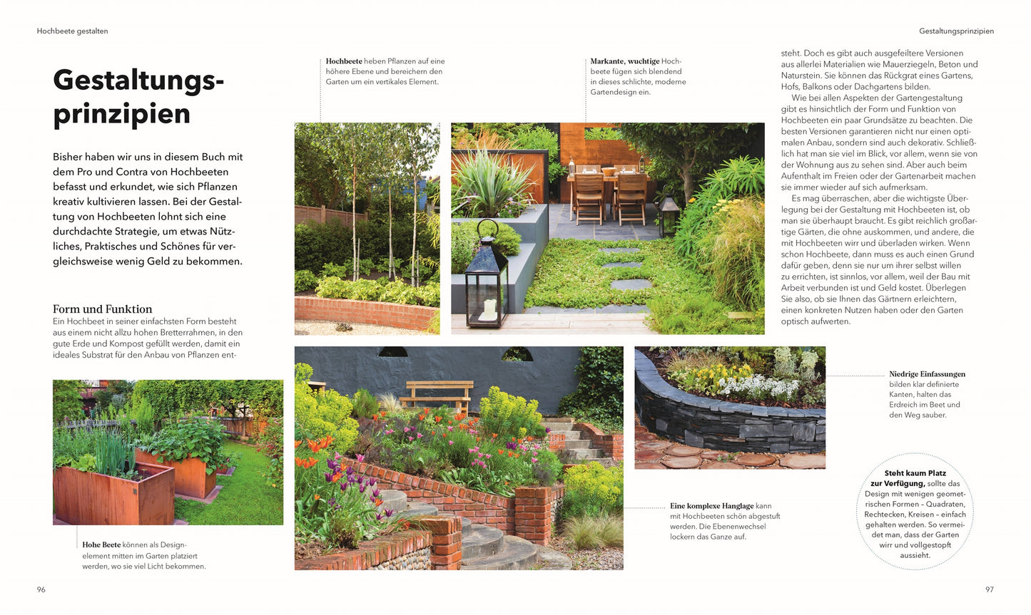 Eine Magazinseite über Prinzipien der Gartengestaltung mit inspirierenden Fotos aus dem DK Verlag "Alles im Hochbeet | Umfassendes Praxiswissen" mit Hochbeeten, verschiedenen Pflanzen, Steineinfassungen und dekorativen Akzenten wie Laternen und Bänken.