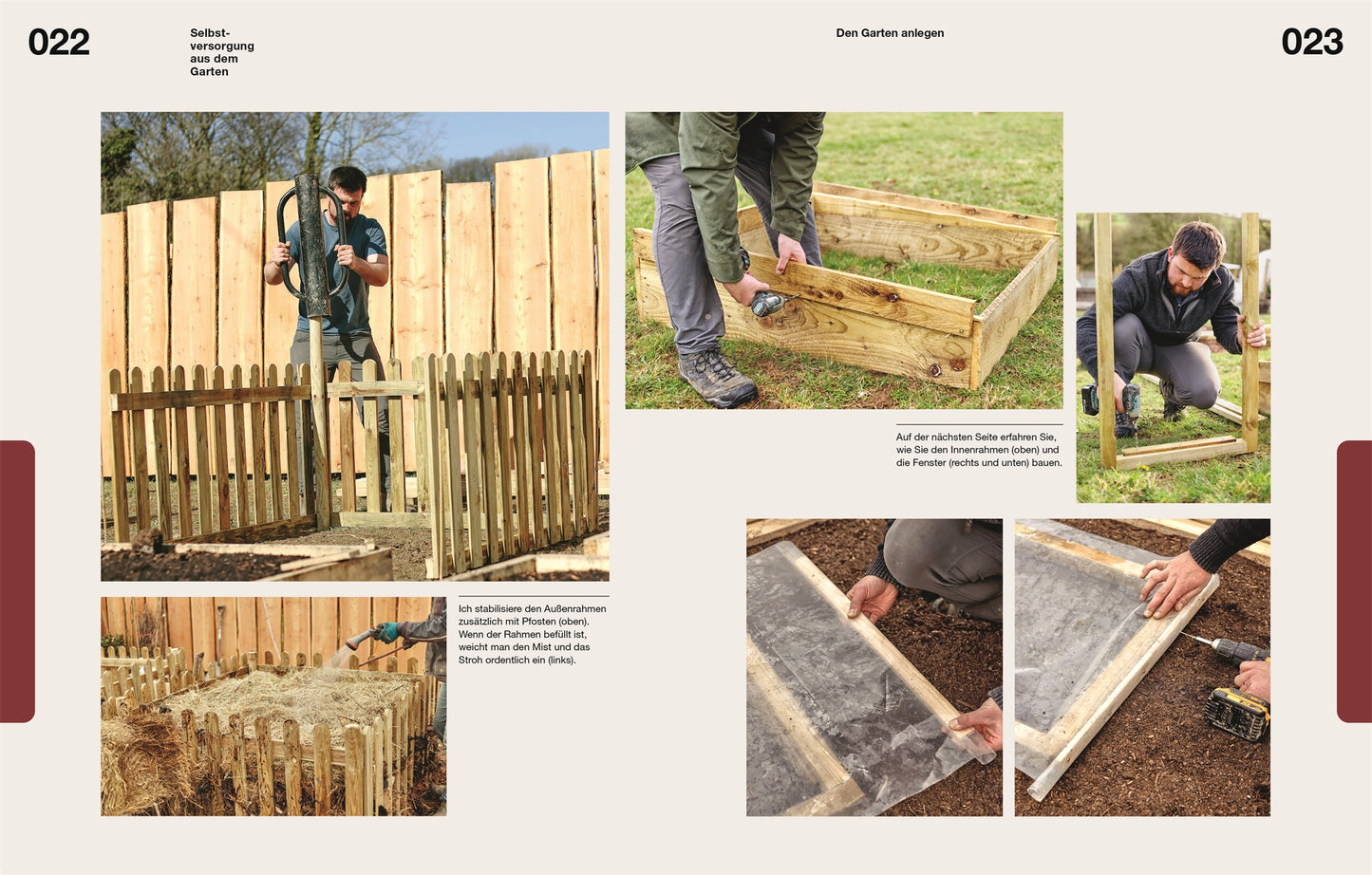 Eine Fotoanleitung in "Selbstversorgung aus dem Garten | Mehr als nur ein Trend" aus dem DK Verlag zeigt, wie man ein Hochbeet aus Holz baut: ausmessen, Bretter verschrauben, den Rahmen montieren und mit durchsichtigem Kunststoff abdecken.