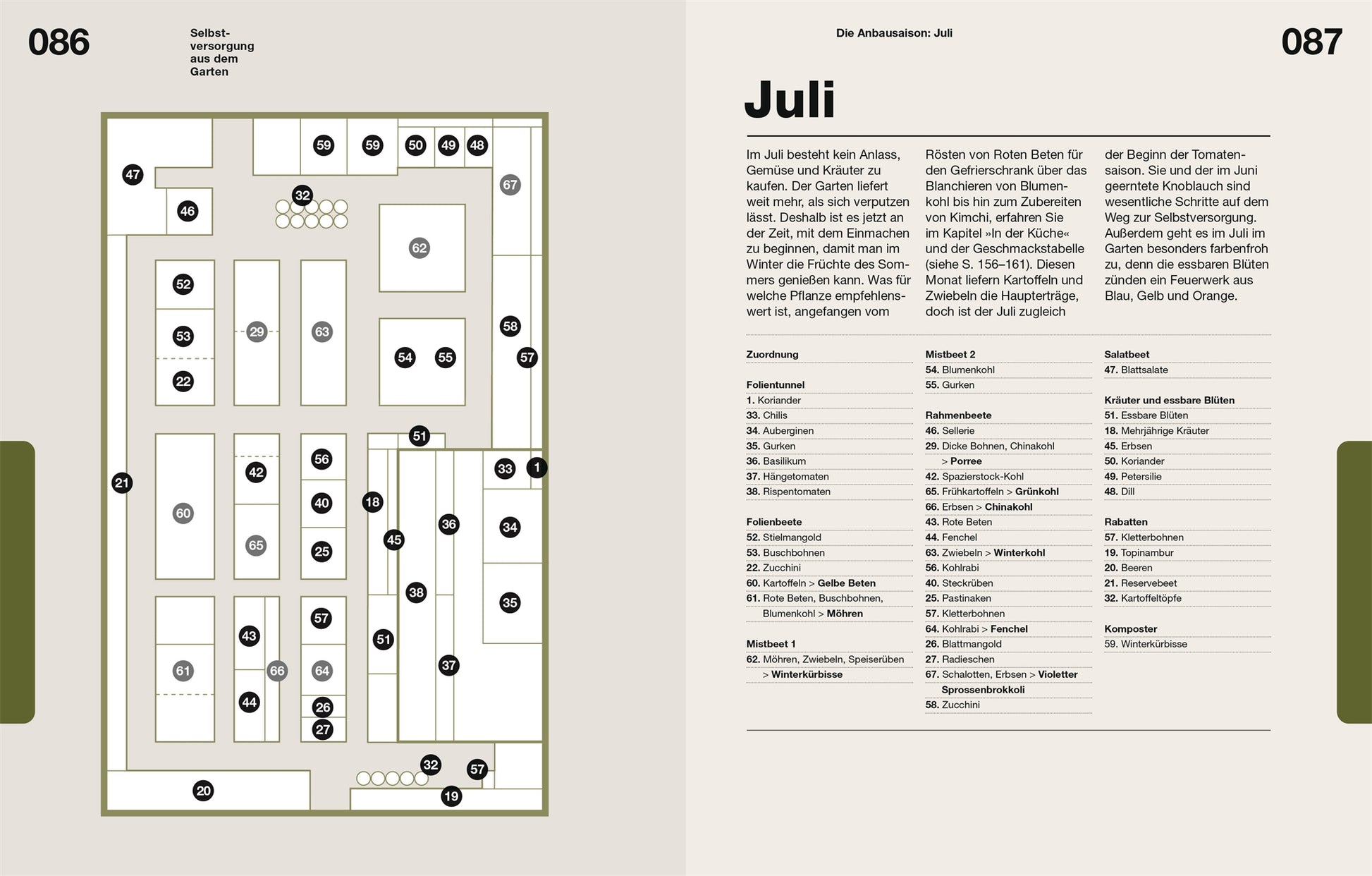 Links ein Gartenplan mit nummerierten Beeten, rechts ein Juli-Text mit Gemüse-Anbautipps, Pflegeschritten, einer Pflanzenliste und einem Juli-Kalender (Seiten 086/087) - perfekt für "Selbstversorgung aus dem Garten | Mehr als nur ein Trend" vom DK Verlag.