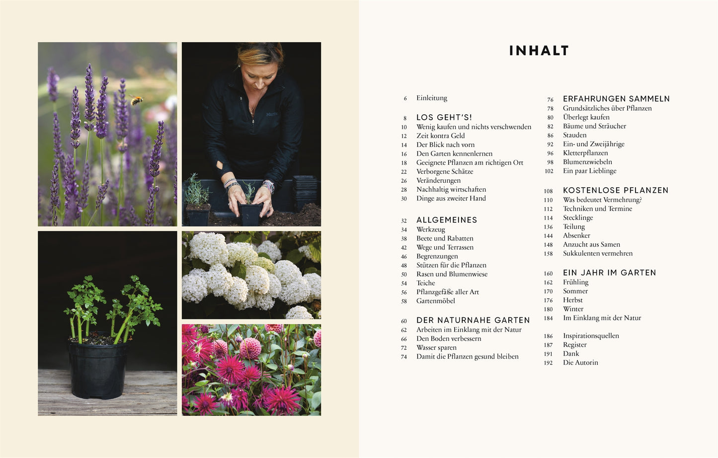 Im Gartenbuch "Gärtnern für wenig Geld | Ressourcenschonend zum grünen Paradies" von DK Verlag zeigt eine Doppelseite vier Fotos (Lavendel, nachhaltiges Gärtnern, Hortensie, rosa Blumen) mit deutschem Inhaltsverzeichnis unter "INHALT".