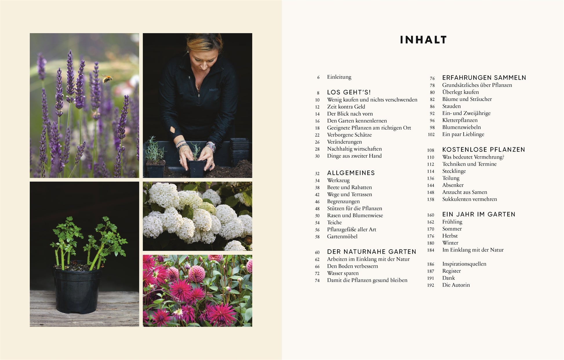 Im Gartenbuch "Gärtnern für wenig Geld | Ressourcenschonend zum grünen Paradies" von DK Verlag zeigt eine Doppelseite vier Fotos (Lavendel, nachhaltiges Gärtnern, Hortensie, rosa Blumen) mit deutschem Inhaltsverzeichnis unter "INHALT".