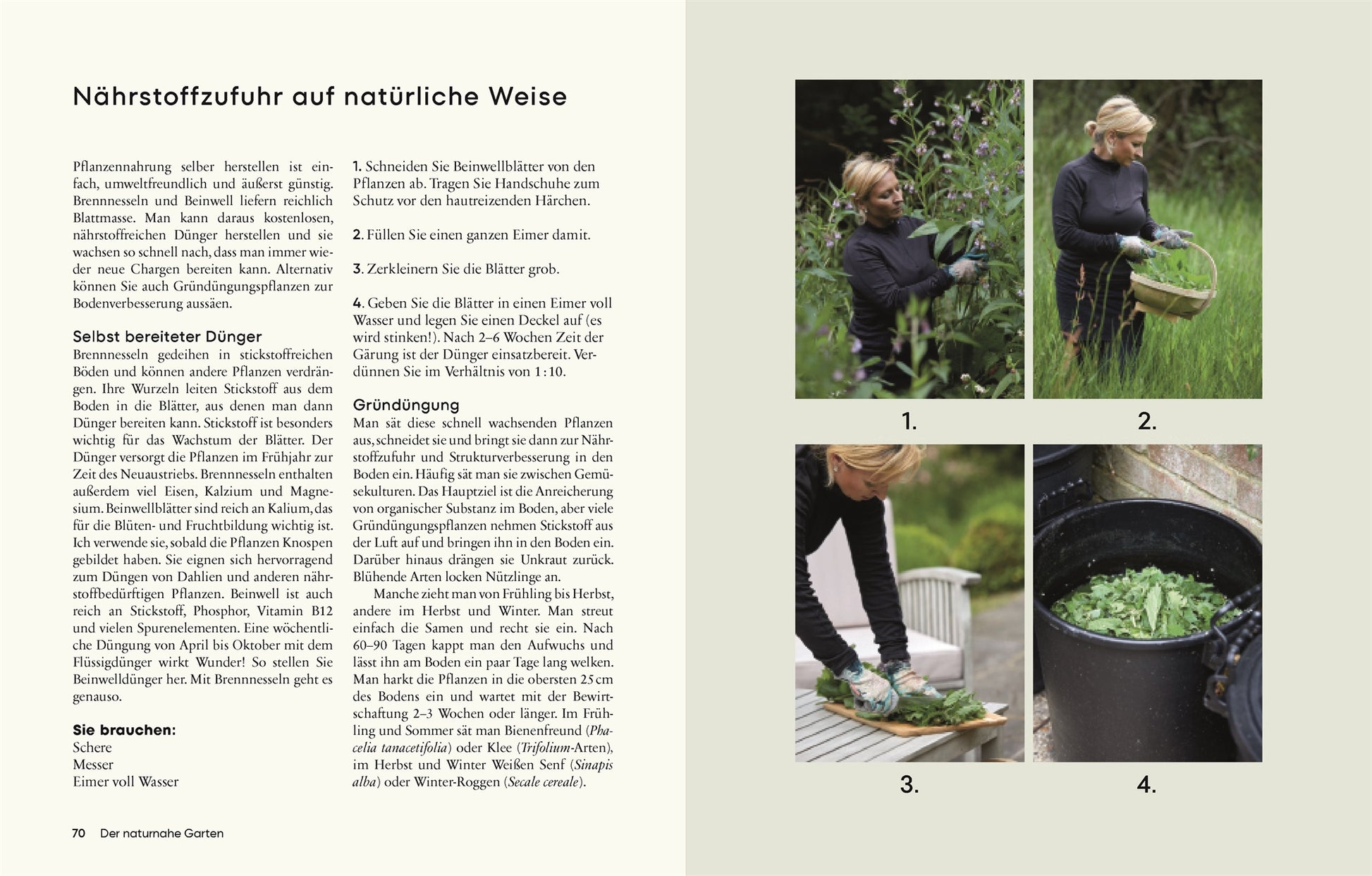 Eine Frau stellt im Freien Naturdünger her - sie sammelt Laub, streut Pflanzenmaterial und presst Grünzeug - mit Tipps aus "Gärtnern für wenig Geld | Ressourcenschonend zum grünen Paradies" vom DK Verlag. Anleitungen gibt's links im Bild.