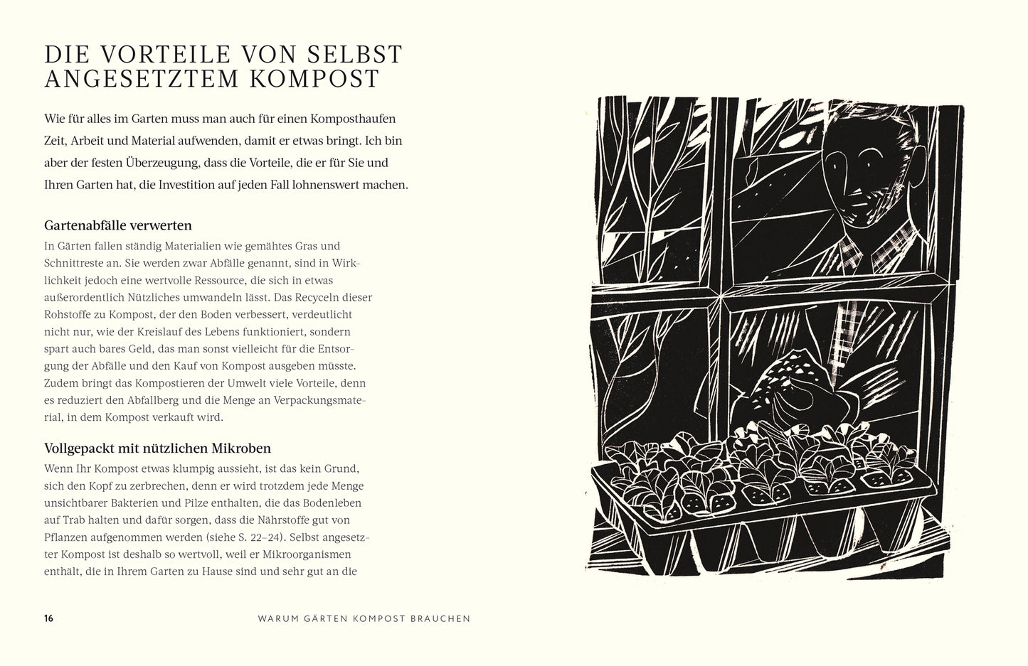 Eine Illustration zeigt eine lächelnde Person, die von einem Fenster aus den Setzlingen im Haus zuwinkt. Die Seite enthält Informationen aus dem Buch "Kompost | Alles, was man wissen muss" des DK Verlags über die Vorteile von selbstgemachtem Kompost nach Charles Dowding.
