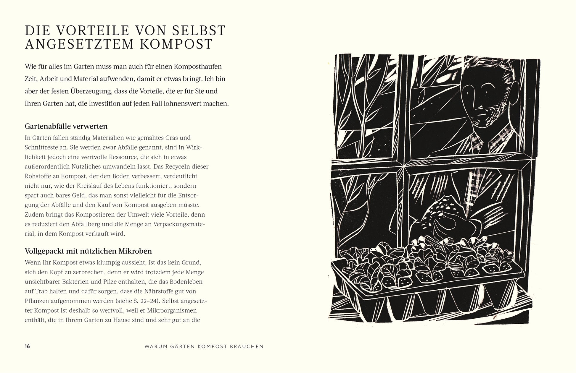 Eine Illustration zeigt eine lächelnde Person, die von einem Fenster aus den Setzlingen im Haus zuwinkt. Die Seite enthält Informationen aus dem Buch "Kompost | Alles, was man wissen muss" des DK Verlags über die Vorteile von selbstgemachtem Kompost nach Charles Dowding.