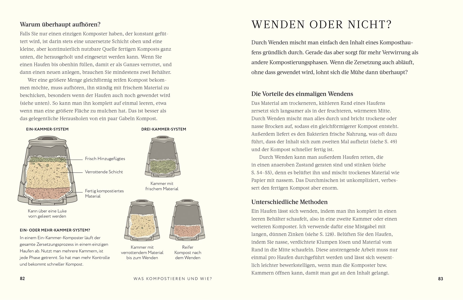 Kompost | Alles, was man wissen muss" aus dem DK Verlag präsentiert deutschsprachige Diagramme von Ein-, Drei- und Nicht-Kammer-Kompostsystemen, beschriftet Schichten von organischem Material, Grün- und Braunabfällen sowie fertigem Kompost.
