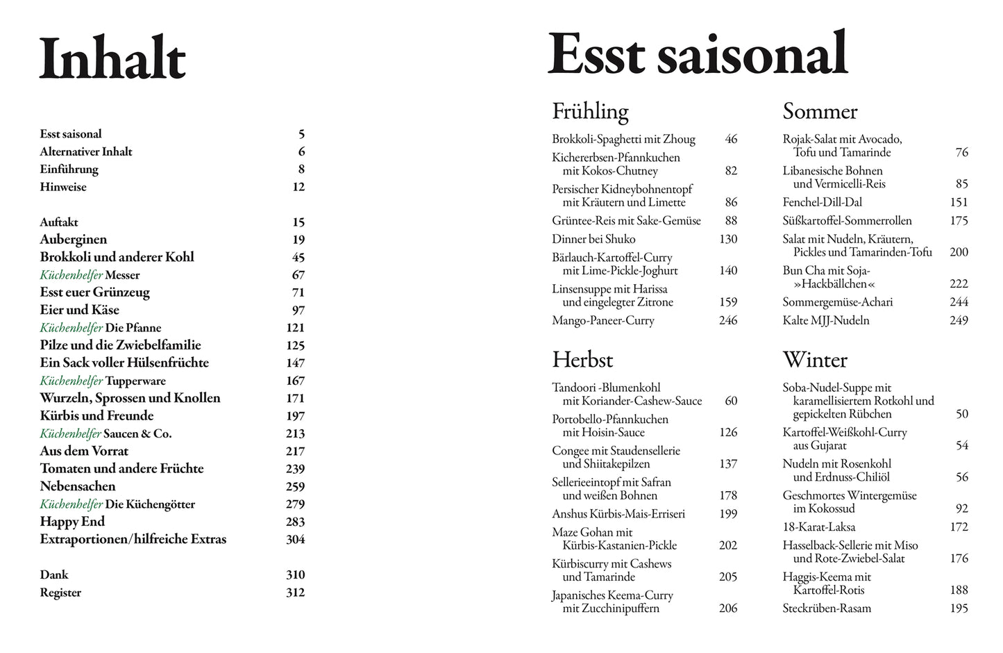 Inhaltsverzeichnis auf Deutsch für "Happy | Weil diese Rezepte glücklich machen" von DK Verlag, nach Frühling, Sommer, Herbst und Winter sortiert-mit vegetarischen und veganen Rezepten. Die linke Spalte zeigt weitere Buchthemen.