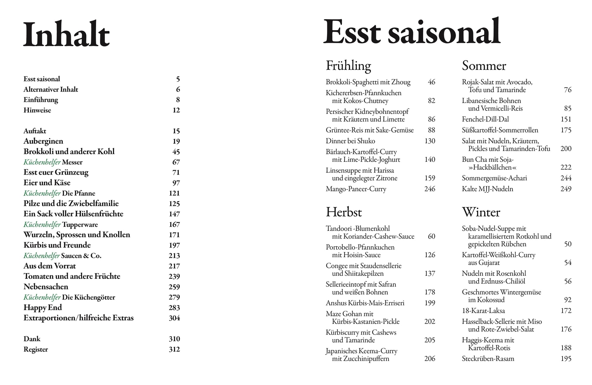 Inhaltsverzeichnis auf Deutsch für "Happy | Weil diese Rezepte glücklich machen" von DK Verlag, nach Frühling, Sommer, Herbst und Winter sortiert-mit vegetarischen und veganen Rezepten. Die linke Spalte zeigt weitere Buchthemen.