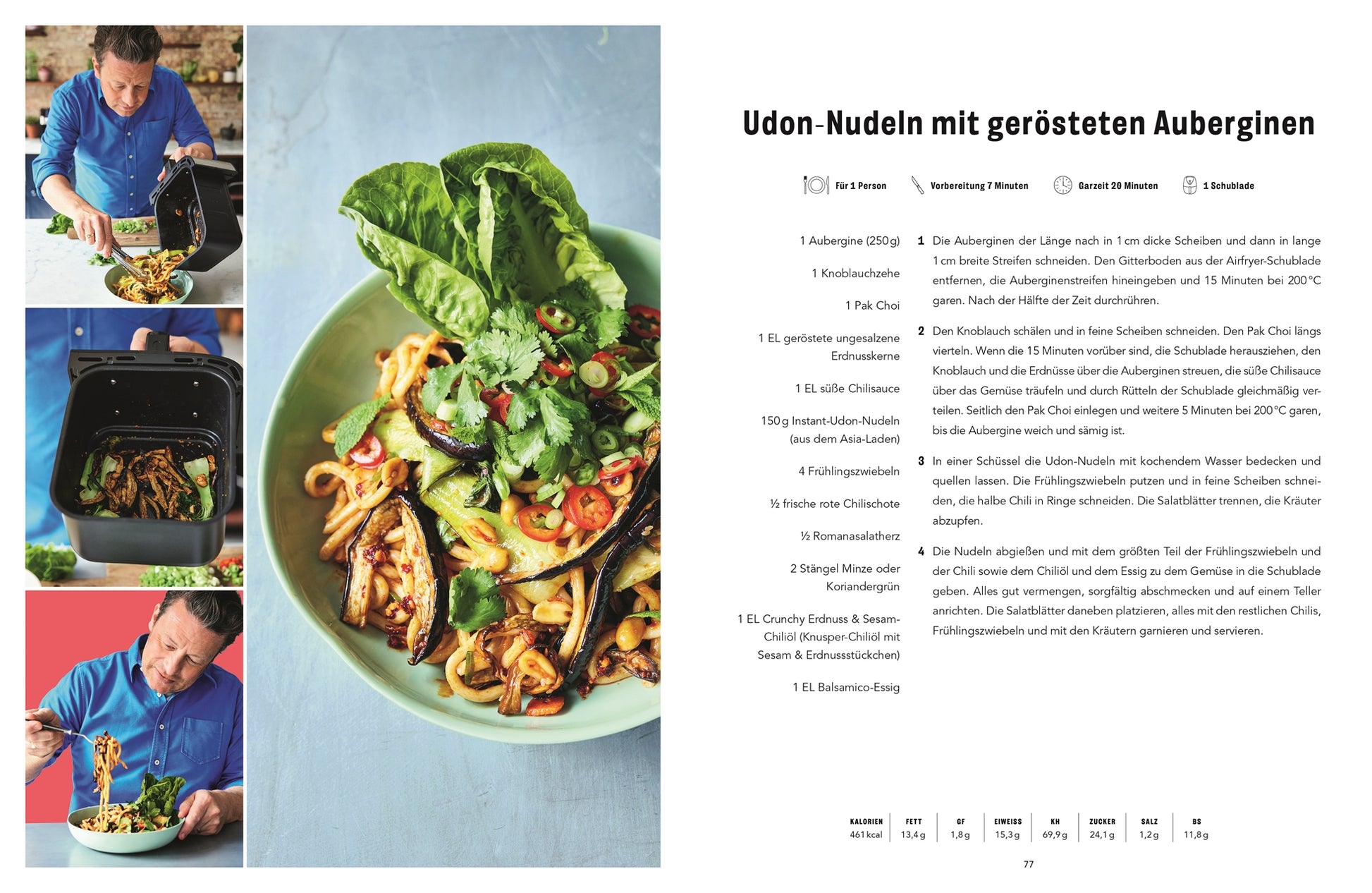 Eine Rezeptseite für Udon-Nudeln mit gebratenen Auberginen zeigt Easy Air Fryer von Jamie Oliver (DK Verlag). Links: drei Fotos - Mann bei der Essenszubereitung, Airfryer Rezepte mit Gemüse, Mann beim Servieren der Nudeln. Rechts: Deutsches Rezept und Zutaten.